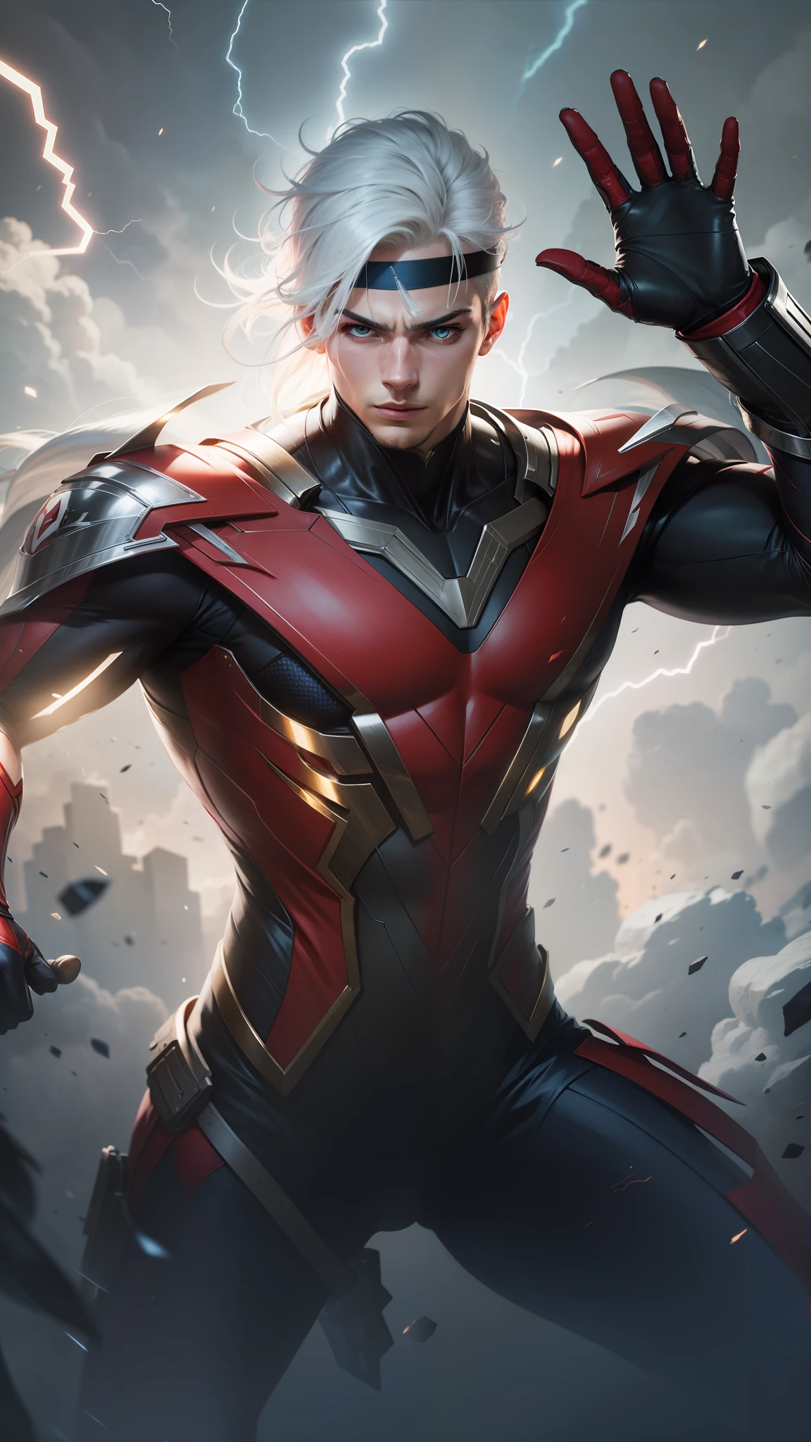 A young man with red superhero suit, white hair, blue eyes, wearing headband, 8k wallpaper, Amazing superhero, Masterpiece, high resolution, realistic, shinning effect, thunder effect,