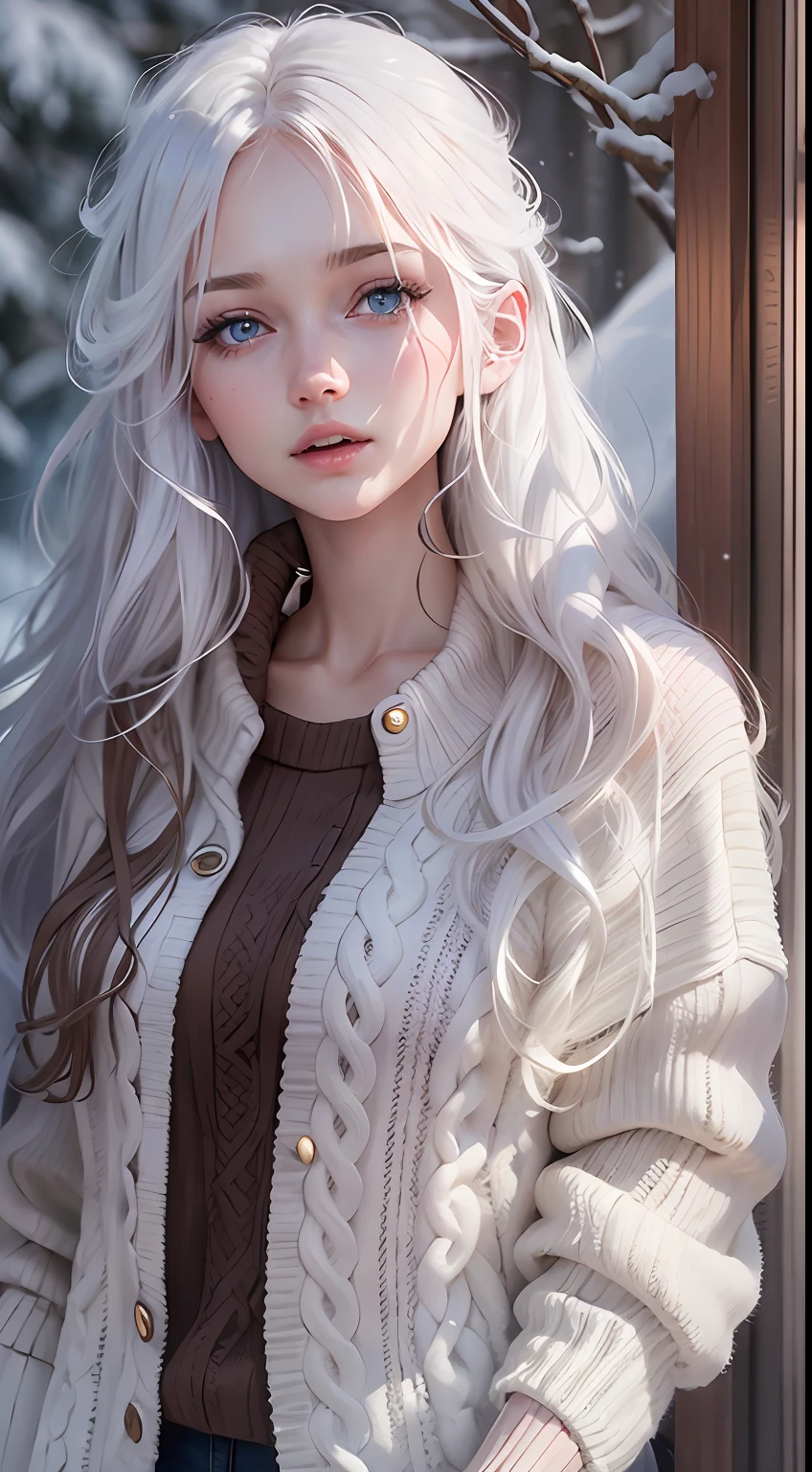 best qualtiy, tmasterpiece, White hair, eBlue eyes, A girl,Buttoned waist sweater, Realistis, Floating hair, Snowy,, Detailed face, winter, Sunshine