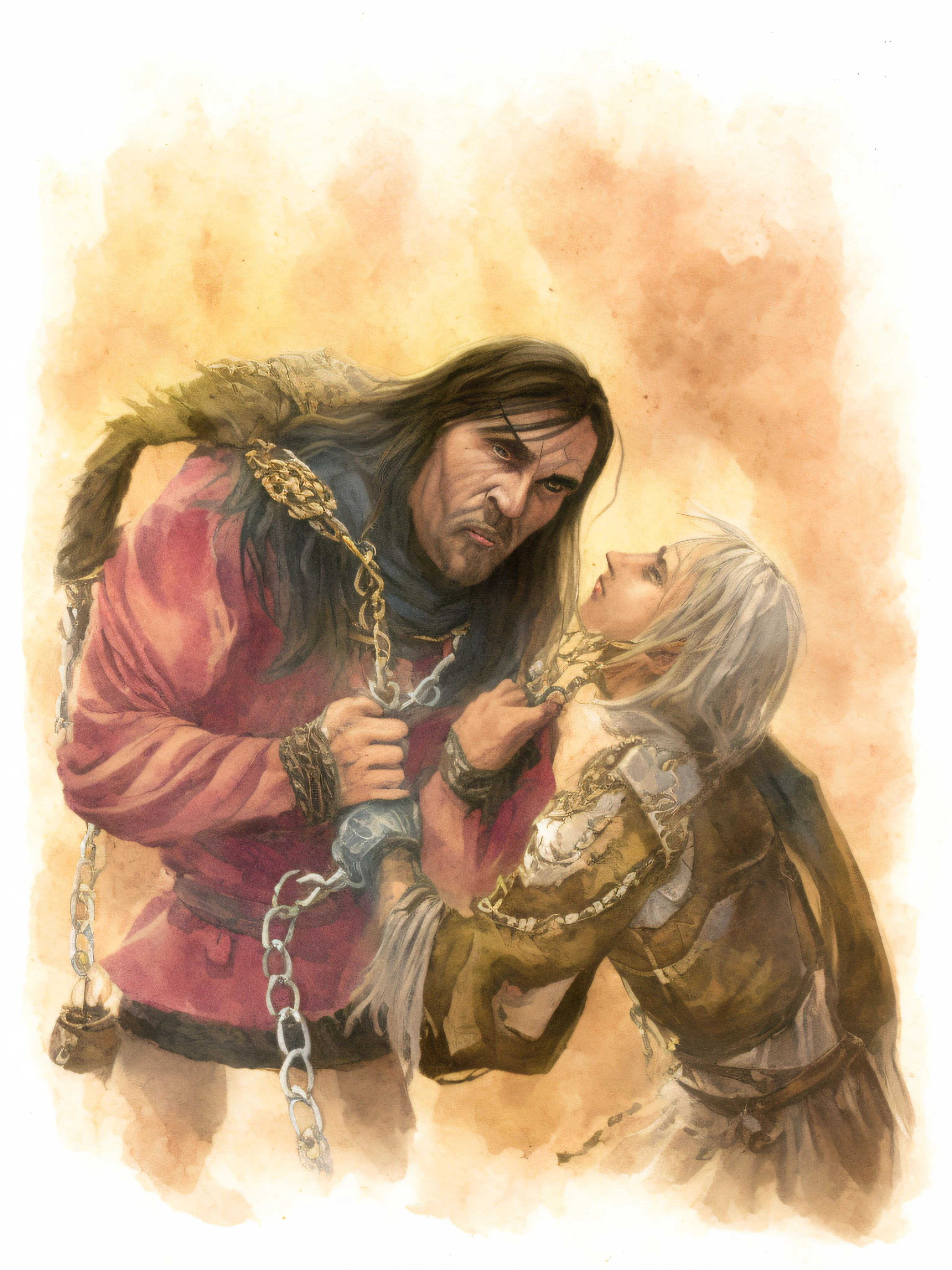 painting of a man and woman with chains around their necks, dragonlance illustration, conan the barbarian illustration, full color illustration, by Hristofor Žefarović, inspired by János Saxon-Szász, by Sándor Bortnyik, by Líviusz Gyulai, by József Borsos