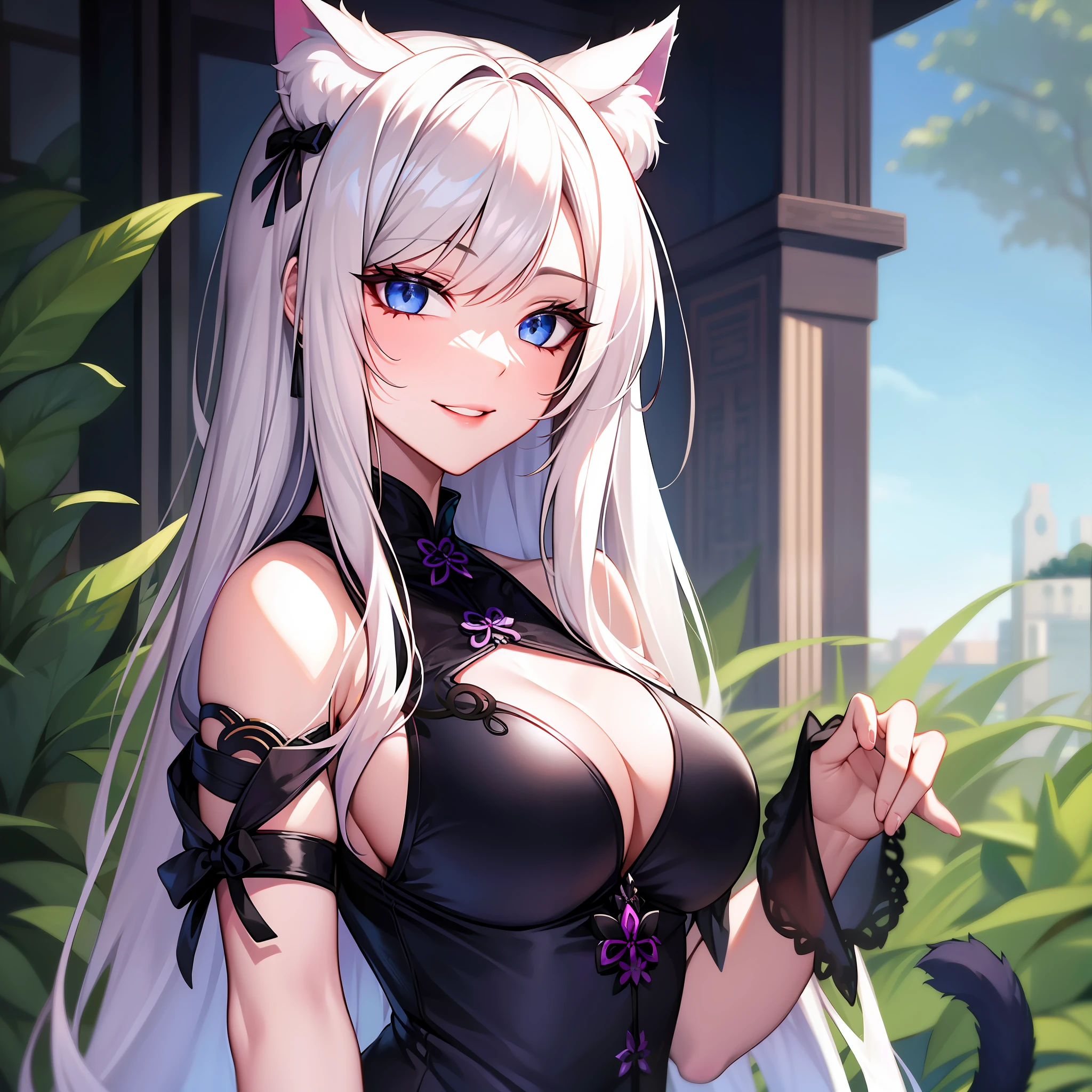 Girl, cat ears and tail, long white hair with blonde strands, violet-blue eyes, black open Chinese dress, expensive jewelry, sly smile, light lipstick