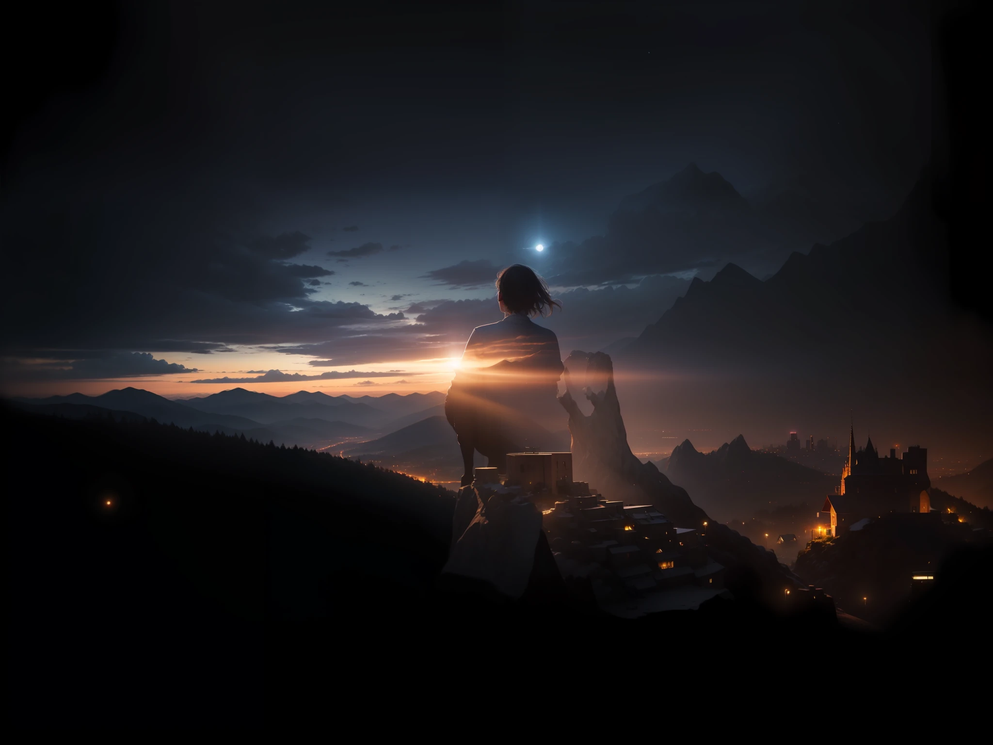 nighttime scene，listen to song，Wait for sunrise，𝓡𝓸𝓶𝓪𝓷𝓽𝓲𝓬，Light，Perfect image quality，tmasterpiece，Flawless，scenecy，Mountain tops