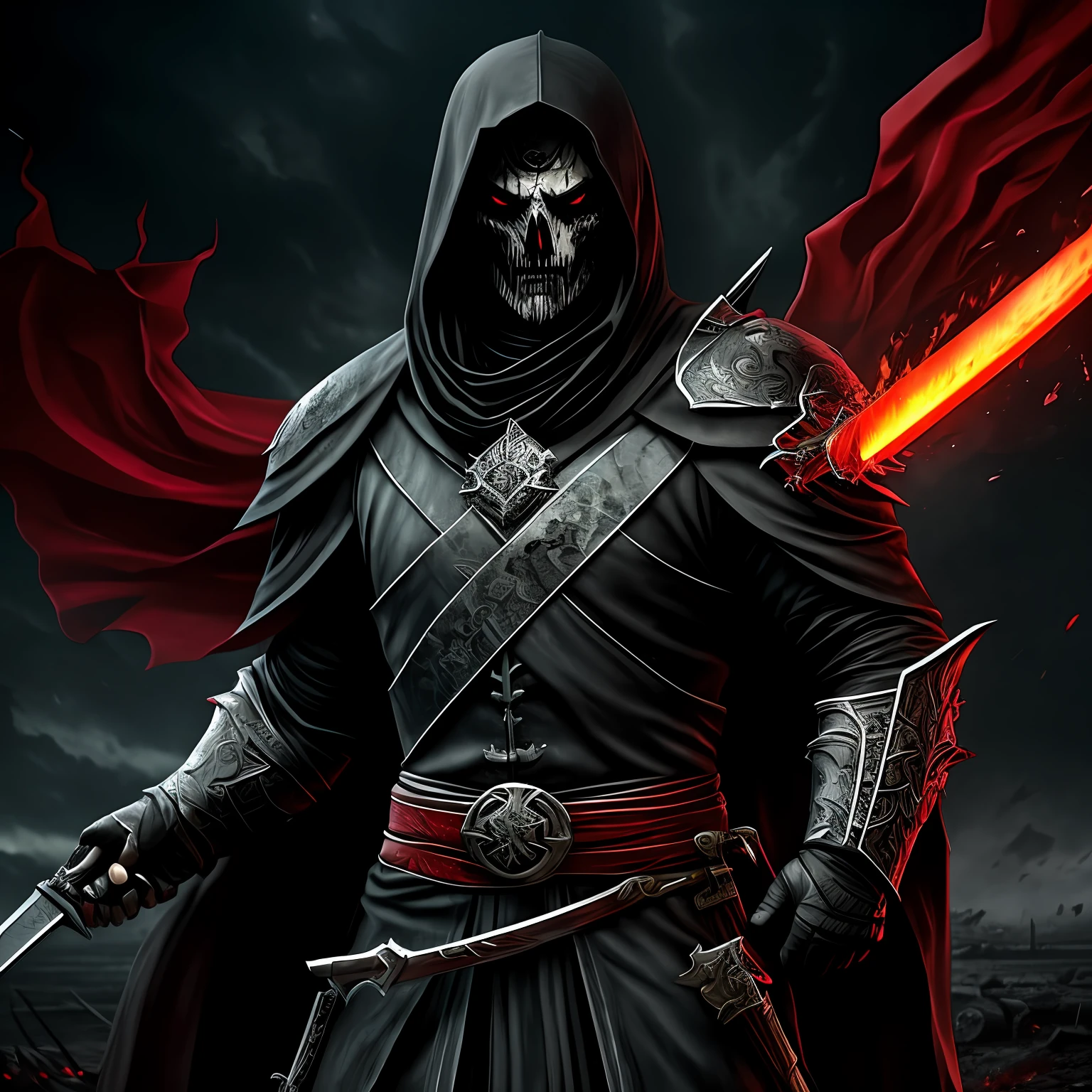 Rider on a black horse with a dagger in his hand and his appearance of an undead in a black robe in the apocalypse holding a sword, Red Conflict War and Persecution --auto