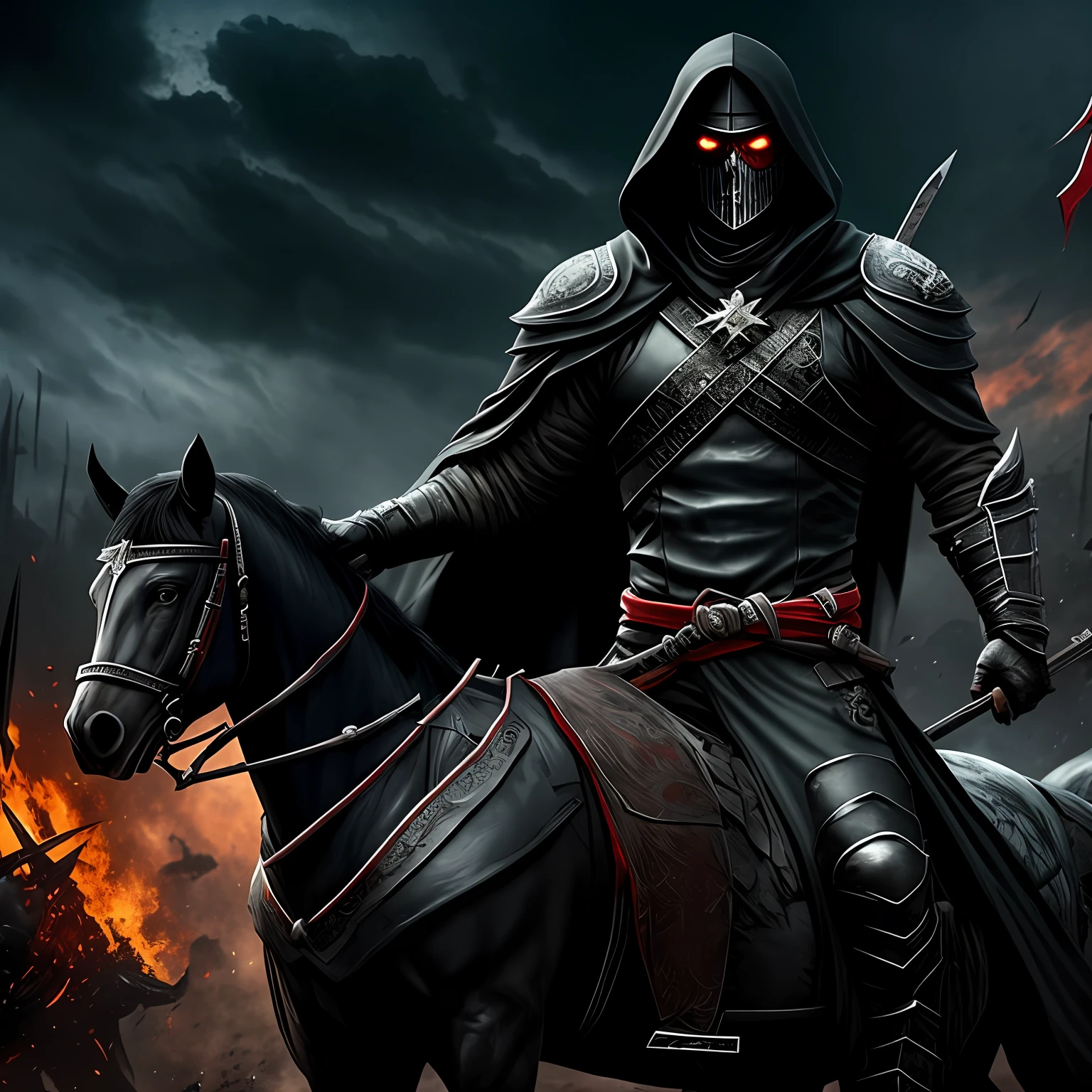 Rider on a black horse with a dagger in his hand and his appearance of an undead in a black robe in the apocalypse holding a sword, Red Conflict War and Persecution --auto