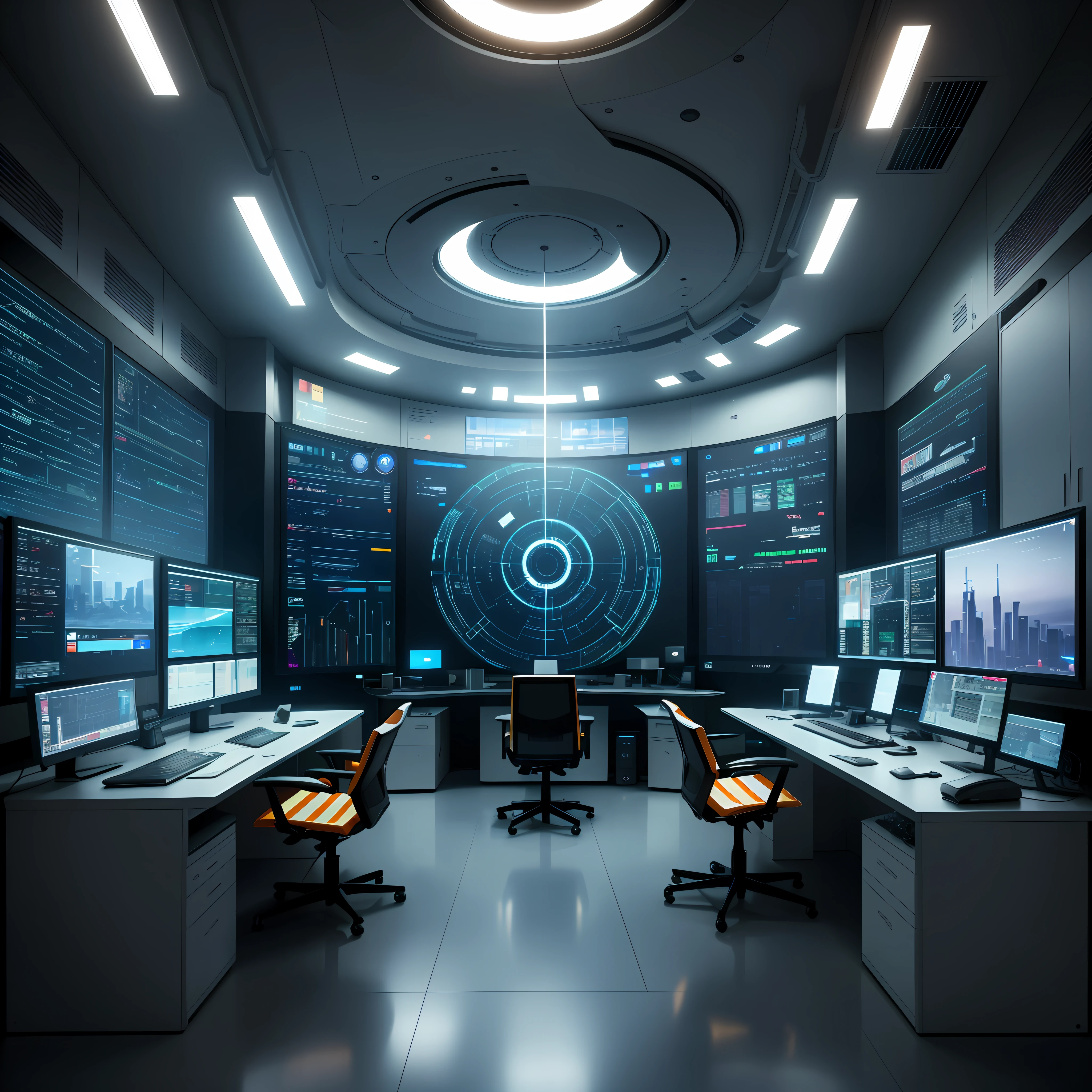There are many computers and monitors in this room with a lot of screens, Navigation Command Center, foto ainda, cyberpunk setting, telas digitais nas paredes, sentado em um centro de controle, Assuma o controle de seus dados, cyber architecture, in futuristic laboratory room, em data center realista, Futuristic setting, em data center detalhado, space station interior, monitor, agentes trabalhando
