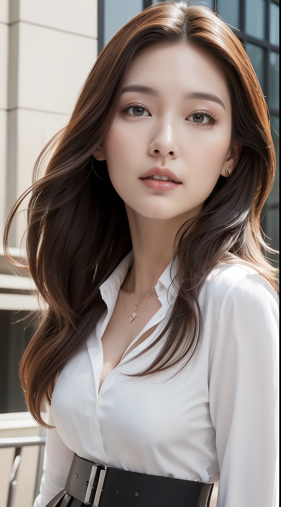 (Best quality, High resolution, Masterpiece :1.3), A tall and pretty woman, Slender abs, Dark brown hair styled in loose waves, Breasts, Wearing pendant, White button up shirt, Belt, Black skirt, (Modern architecture in background), Details exquisitely rendered in the face and skin texture, Detailed eyes, Double eyelid