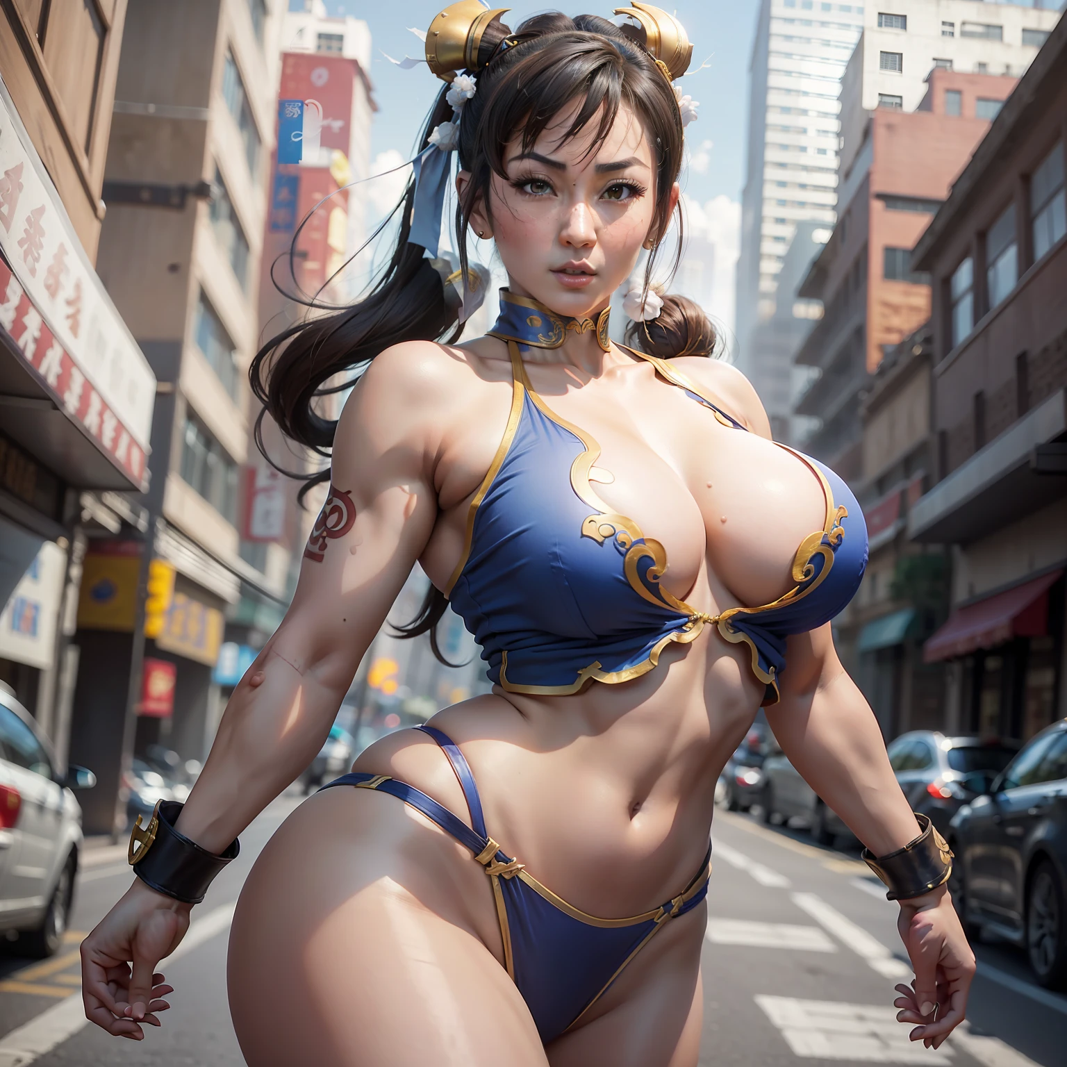 ((chun li))from street fighter, sexy, tetas grandes, busto perfecto enorme ,muslos grandes y torneados, lleva su ropa ajustada en el fondo se puede ver el barrio chino ,8k, hiperrealista, todo parece un renderizado de motor irreal ((vista de cuerpo completo)