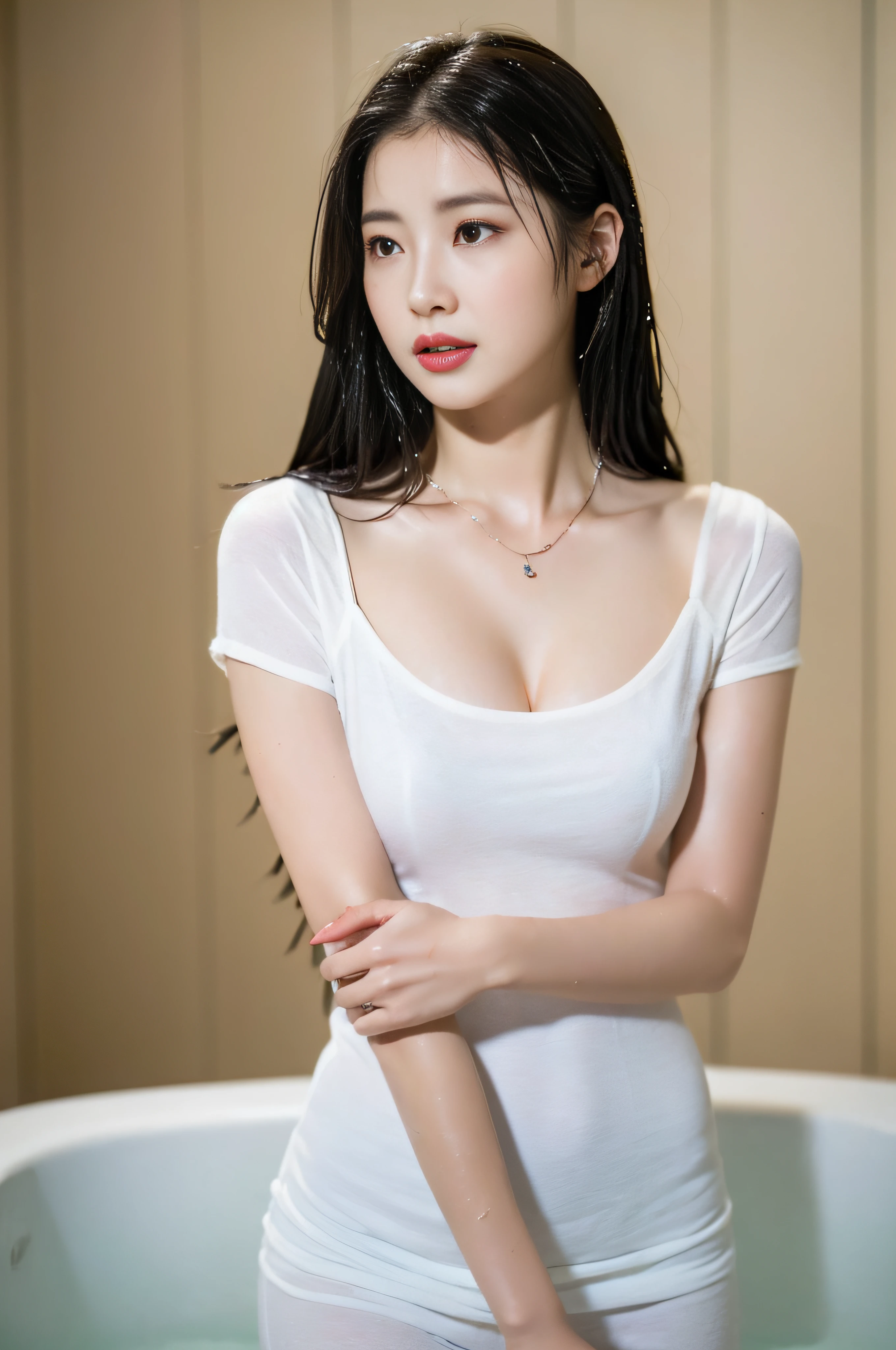 ((Best quality, 8k, Masterpiece :1.3)), 1girl, beautiful woman: 1.3, huge breasts: 1.2, (bathtub, wet clothes: 1.1), super delicate face, light white clothes, delicate long hair, wearing necklace.