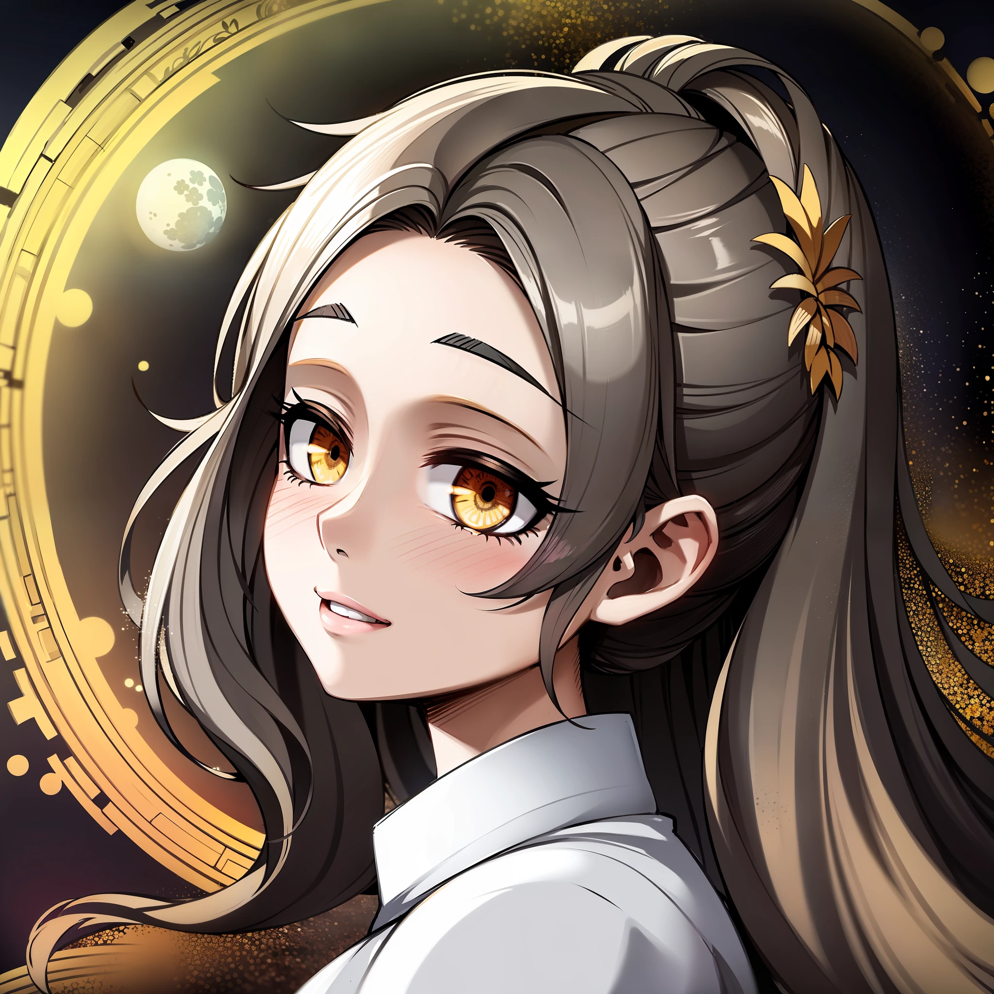 1 adesivo, adesivo, nikkaze, ( bonita), (quimono vermelho lindo), (gorgeous hair accessory), (penteado cabelo longo), flores de cerejeira, nuvens, behind is a huge round moon, estrelas, fundo branco, sem fundo, fundo simples, minimum, bonito, tiny, cor pastel, estilo vetorial, sem gradiente