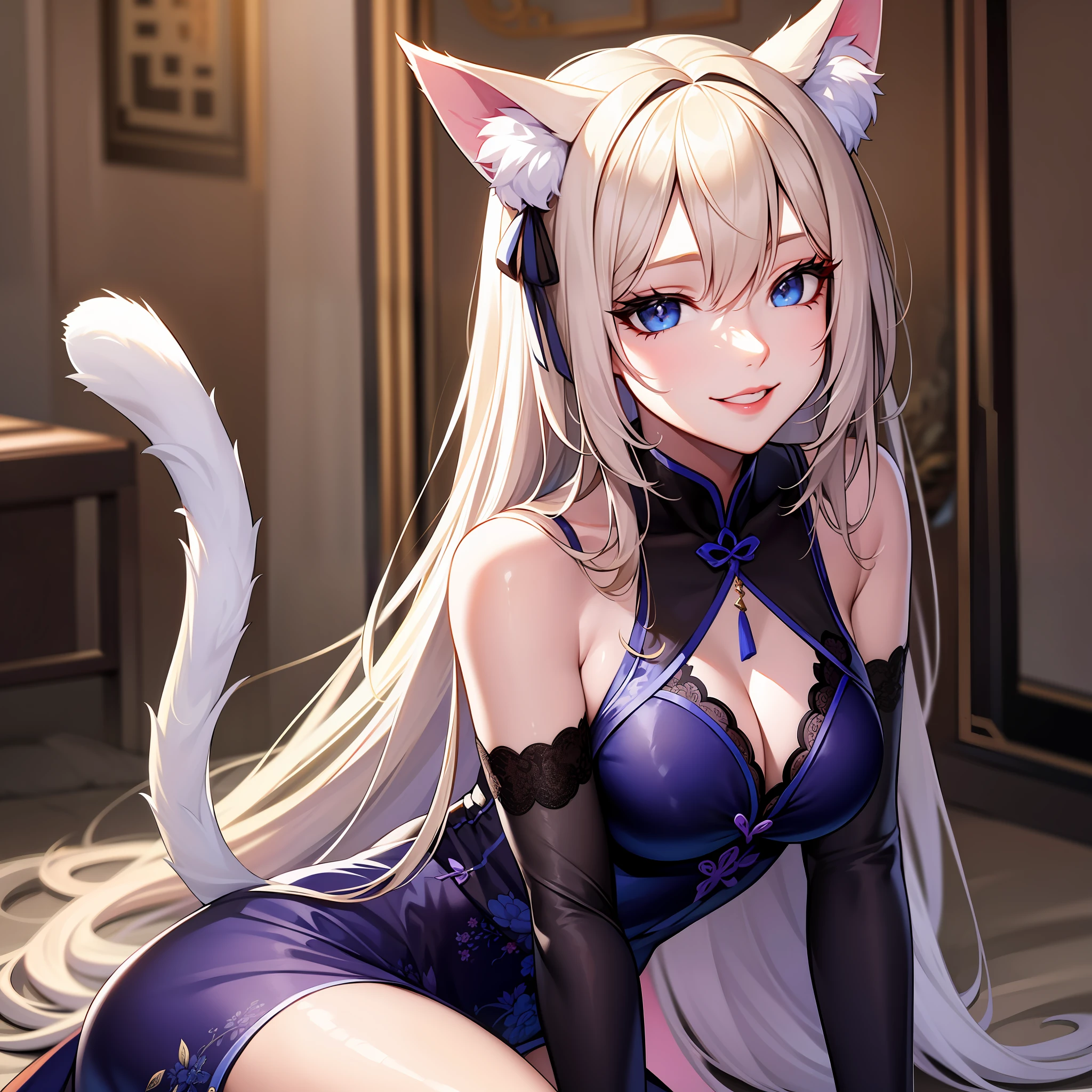 Girl, cat ears and tail, long white hair with blonde strands, violet-blue eyes, black open Chinese dress, expensive jewelry, sly smile, light lipstick