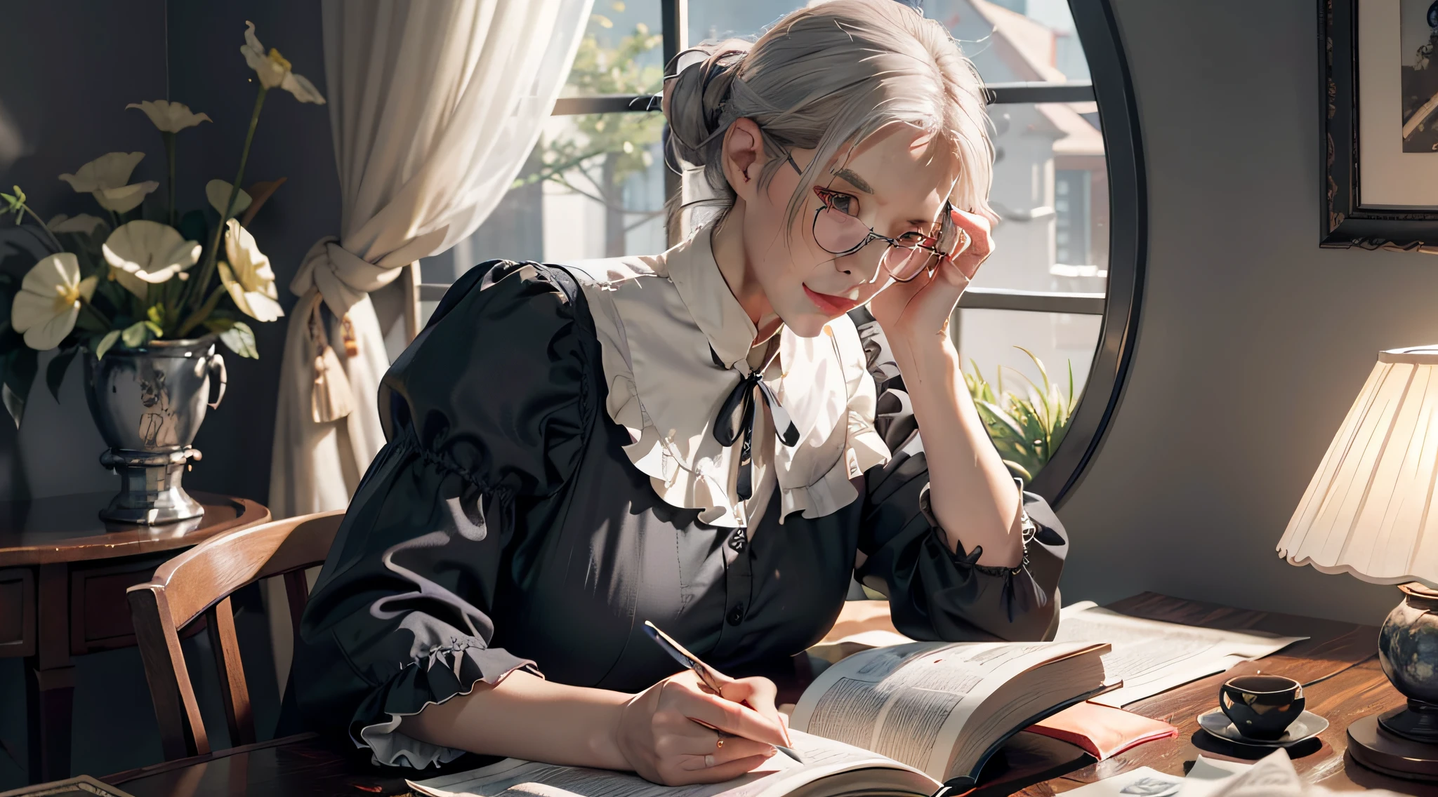 1extremely elderly gray-haired woman with glasses reading a book, dynamic angle, splash art,  [(art by Arthur Dove:0.7)|art by Lyubov Popova],  octane render, full shot of a Captivating Amish Male Silk weaver, Cel shaded, Velvia, Ribbons, official art, unity 8k wallpaper, ultra-detailed, aesthetic, masterpiece, best quality, photorealistic