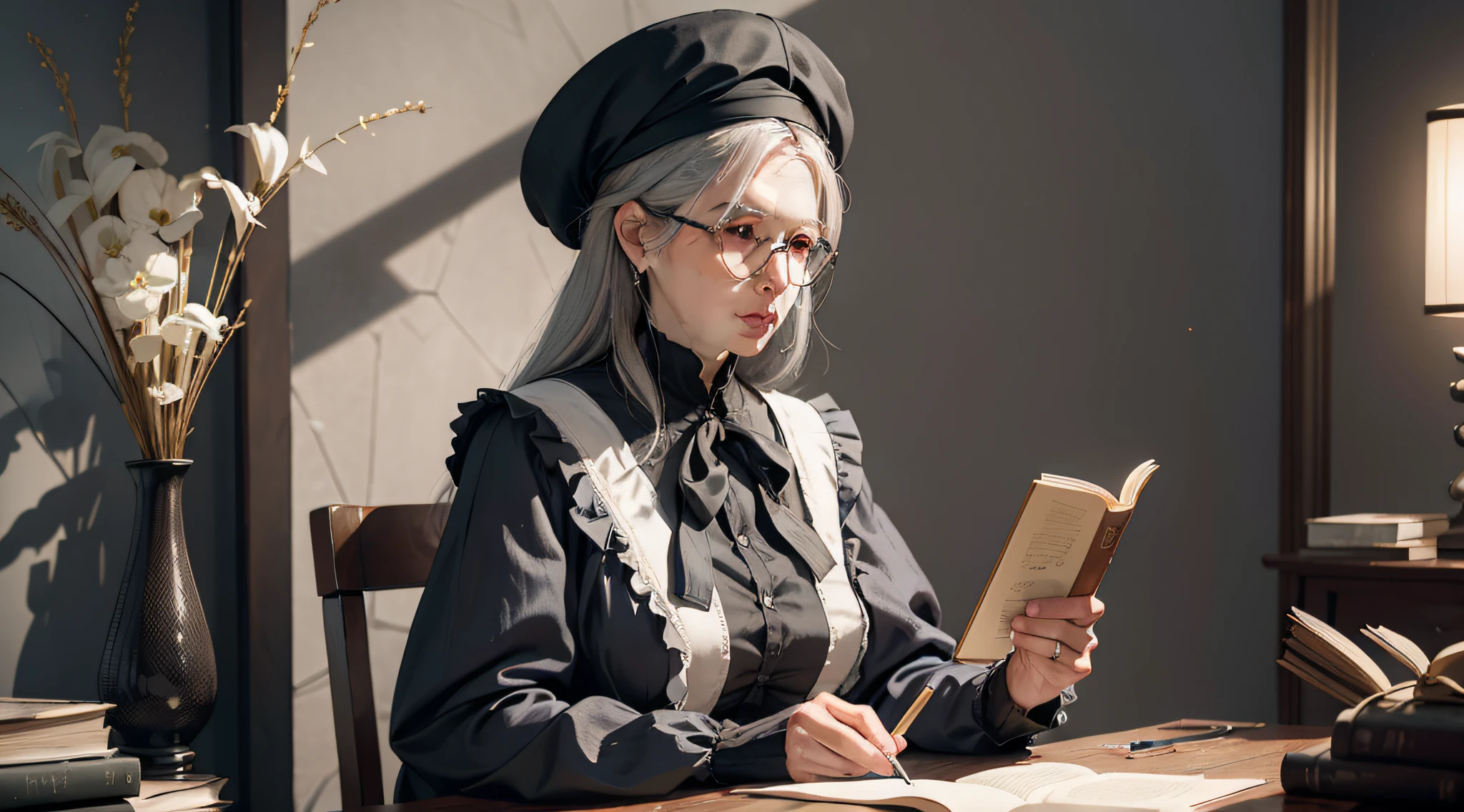 1extremely elderly gray-haired woman with glasses reading a book, dynamic angle, splash art,  [(art by Arthur Dove:0.7)|art by Lyubov Popova],  octane render, full shot of a Captivating Amish Male Silk weaver, Cel shaded, Velvia, Ribbons, official art, unity 8k wallpaper, ultra-detailed, aesthetic, masterpiece, best quality, photorealistic