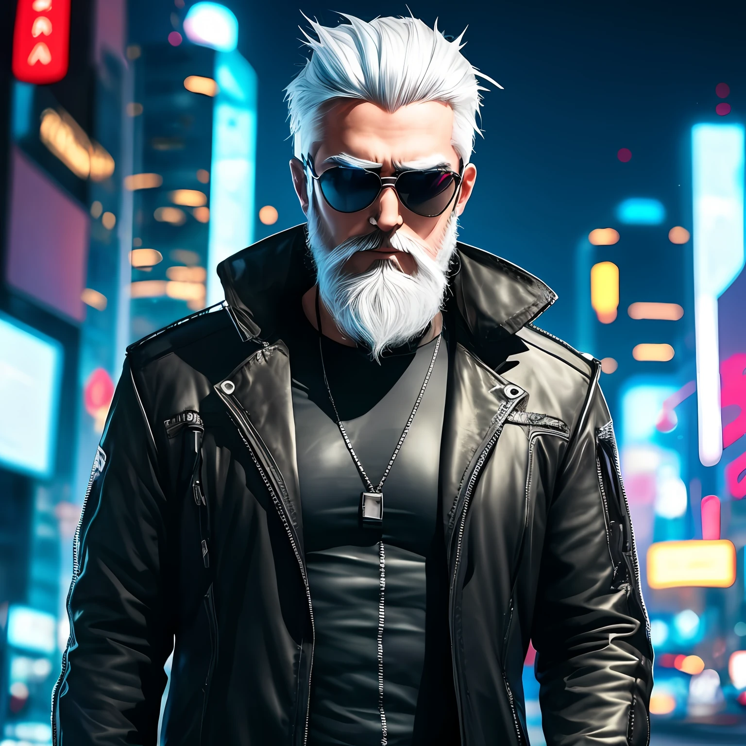 Photo of cyberpunk man with white hair and beard wearing sunglasses and showing his face at night --auto