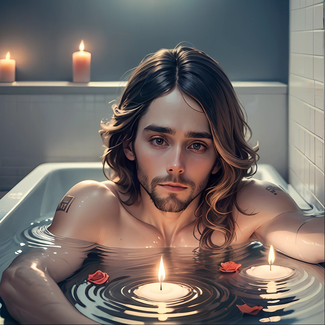 Jared Leto lying naked in a black bathtub, surrounded by candles in the bathroom whose light alone illuminates the room, rose petals in the water. --auto --s2