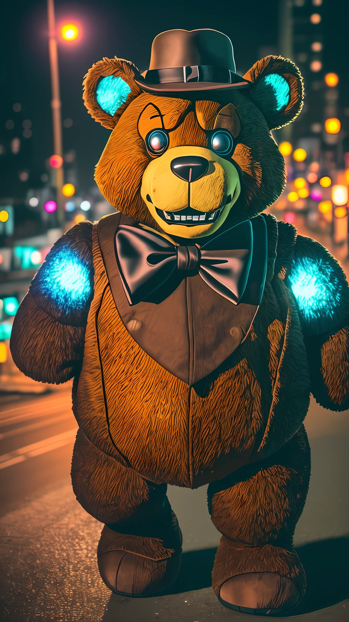 Animatronic Freddy bear, FNAF character , human size, Realist, with plush texture, with black hat and black bow tie, without suit, Walking towards the camera, midnight, dark cityscape, dark atmosphere, real photography, urban colors, metallic tones, Aerial View Diving (top to bottom), aerial,, Night light, artificial light, neon lights --auto --s2