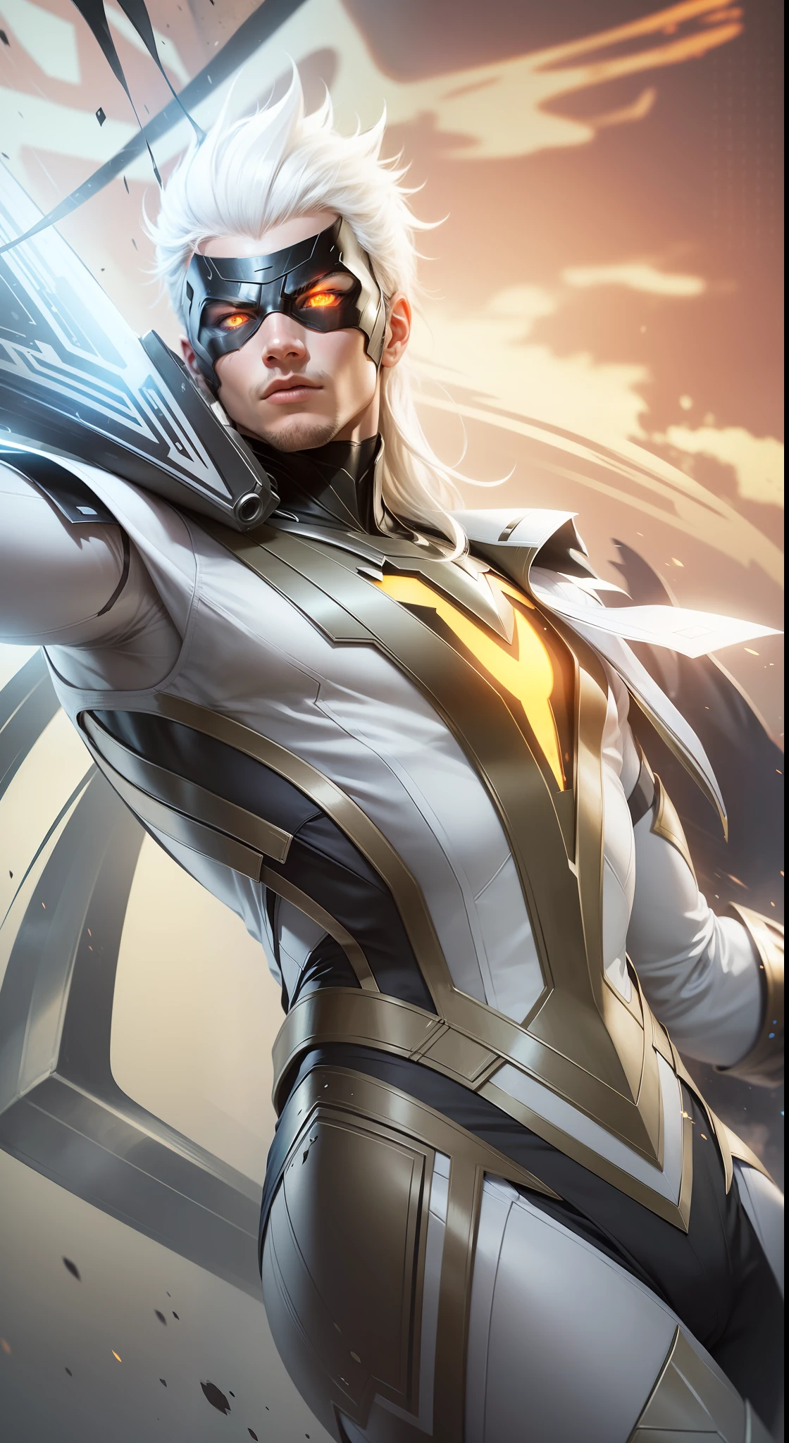 A young man with white superhero suit, white hair, burning eyes, wearing black mask, shinning suit, ultra realistic, 8k wallpaper, high resolution, Amazing superhero, masterpiece.