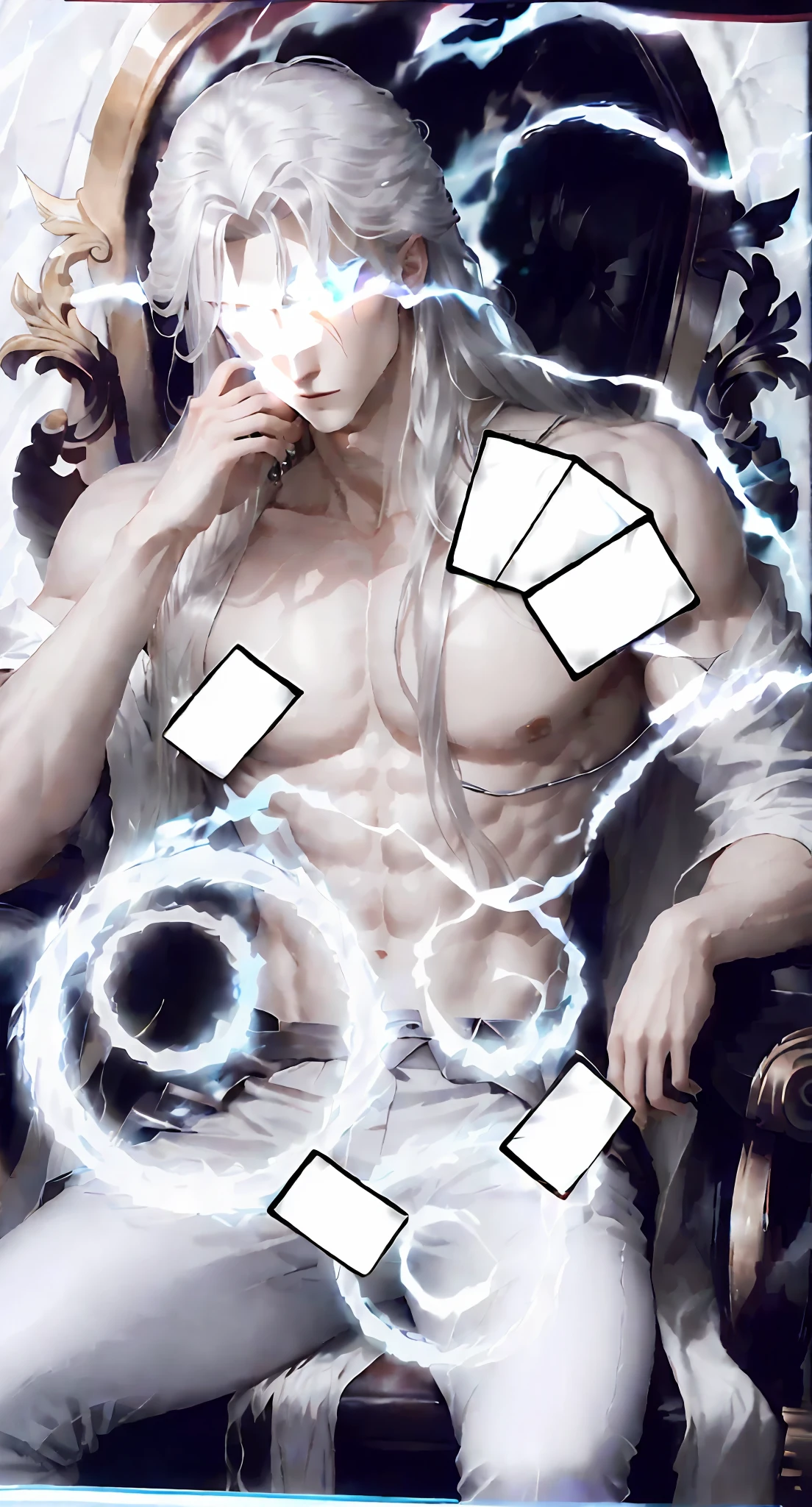Kamimei，tmasterpiece, HighestQuali, (solo focus), (face perfect:1.1), (high detal:1.1),dramatics, 1guy, (Silver-white skin), Long white hair, hair glowing，White eyes, [Light eyebrows], solo, musculature，Drift away，long whitr hair，Silver skin，Scrub textured skin