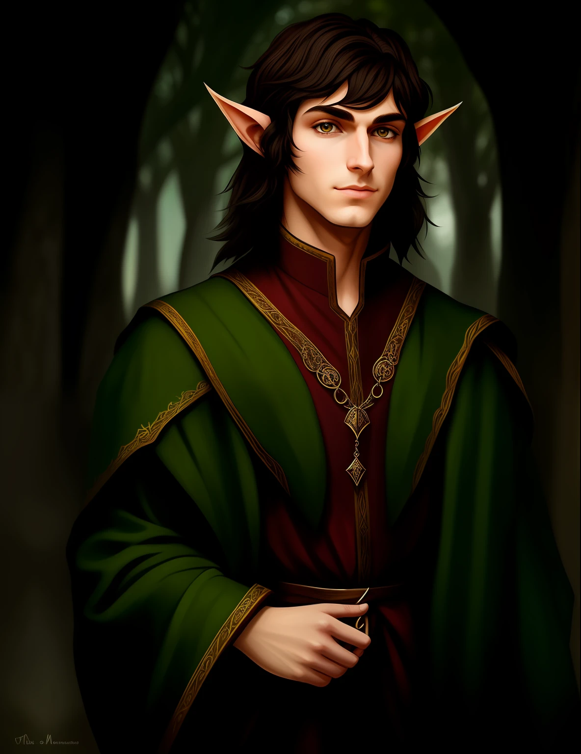 um desenho de elfo, cabelo negro comprido, roupas brancas, Um retrato de um elfo masculino, um elfo macho, portrait of a slender elven man, Retrato de um jovem mago elfo, jovem mago meio elfo, meio-elfo macho, um elfo de meia-idade, elfo masculino bonito, Um retrato de um elfo, Retrato de um elfo, Retrato de fin wildcloak