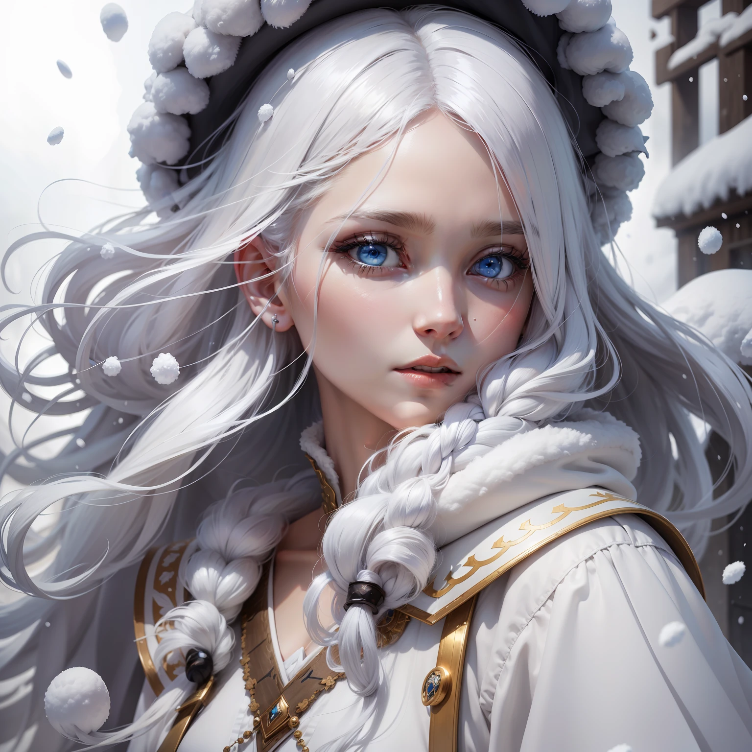 best qualtiy， tmasterpiece， White hair， eBlue eyes， A girl，White robe， Realistis, Floating hair, Snowy,, Detailed face, winter， Sunshine