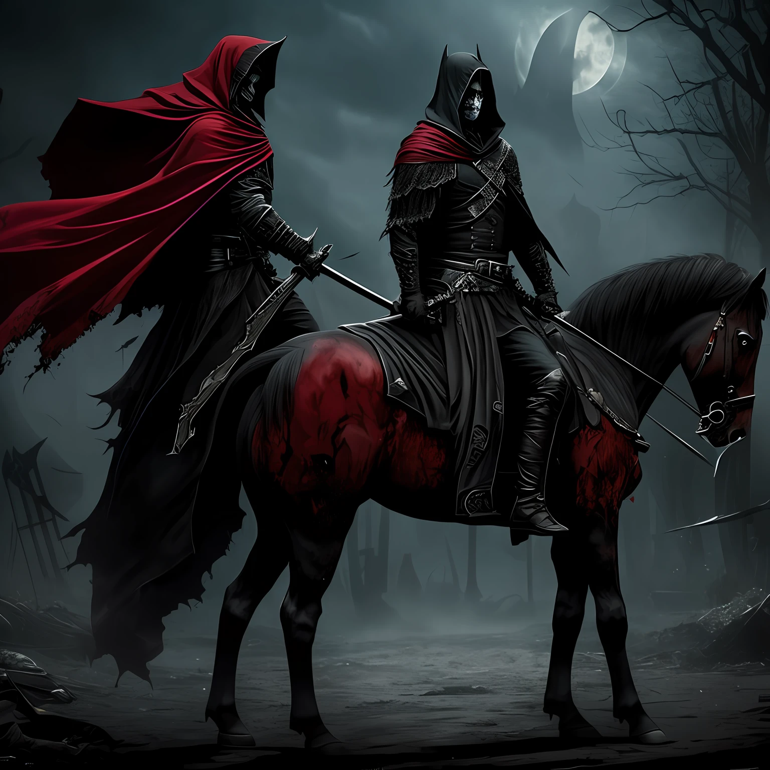 Rider on a black horse with a dagger in his hand and his appearance of an undead in a black cloak in the apocalypse holding a sword, vermelho --auto