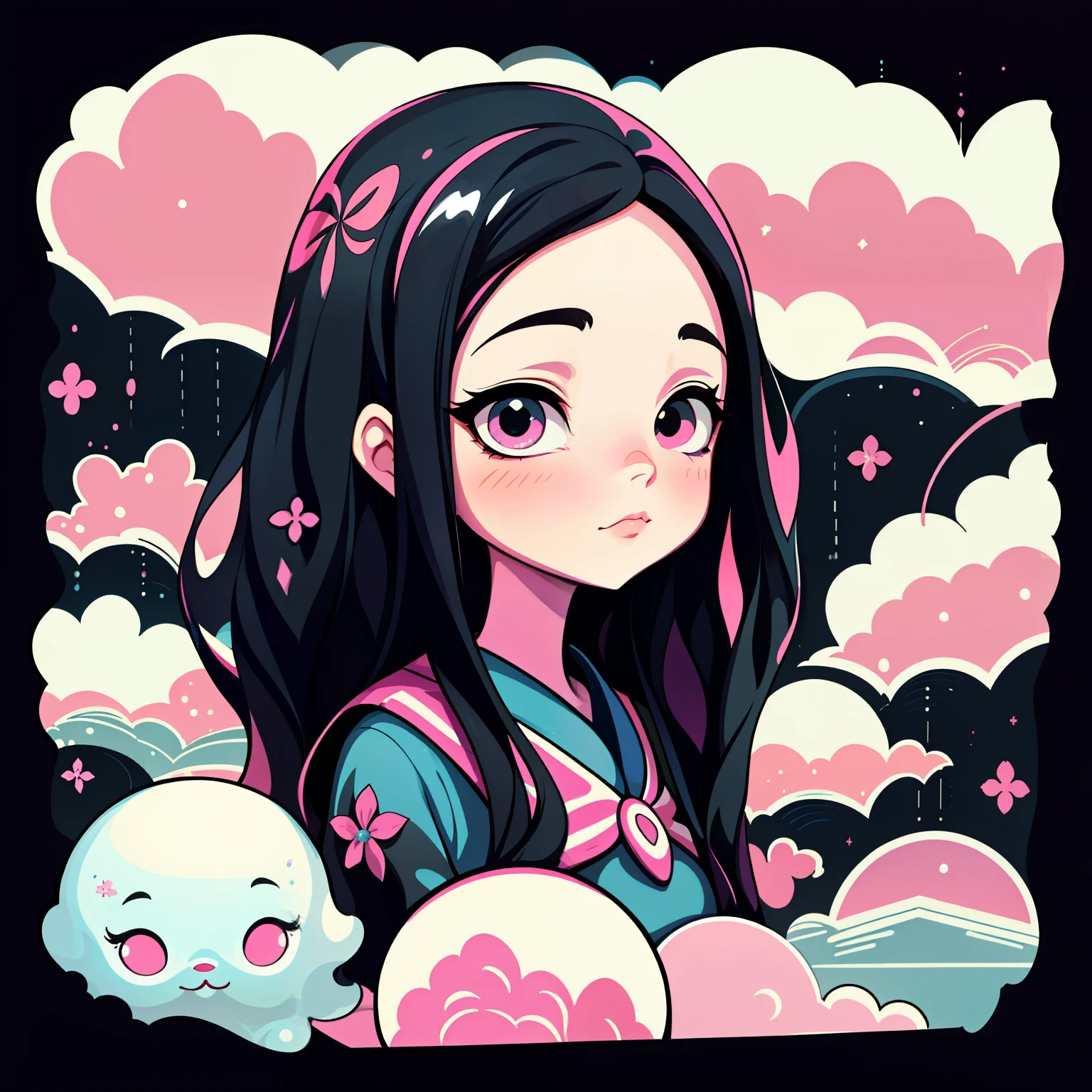 adesivo,1girl, fundo simples, retrato, girl with long hair, beautiful nezuko girl, nezuko aesthetic, beautiful girl, very beautiful fantasy art, beautiful and elegant female nezuko, beautiful detailed fantasy, pink and black color palate, pink color-theme