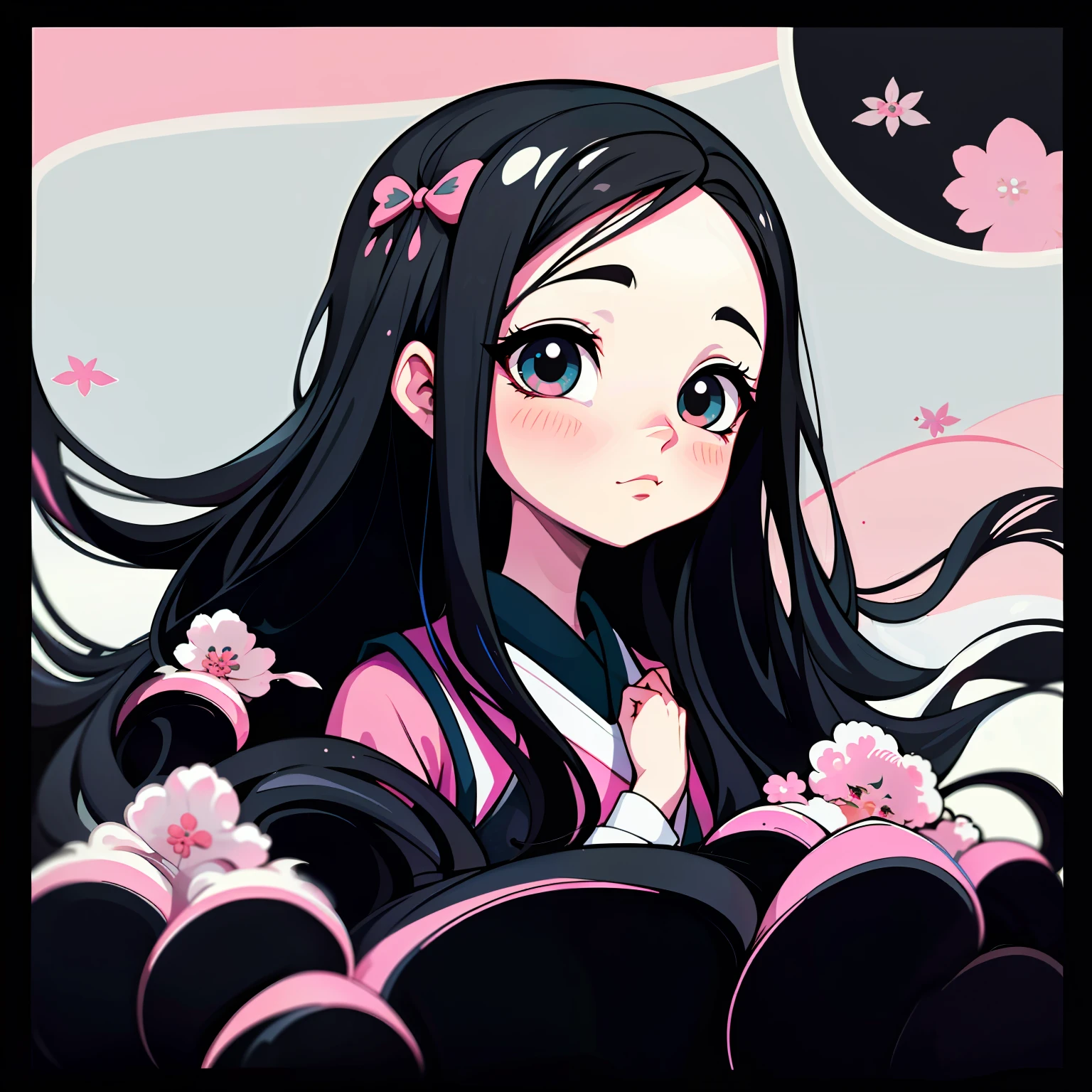 adesivo,1girl, fundo simples, retrato, girl with long hair, beautiful nezuko girl, nezuko aesthetic, beautiful girl, very beautiful fantasy art, beautiful and elegant female nezuko, beautiful detailed fantasy, pink and black color palate, pink color-theme