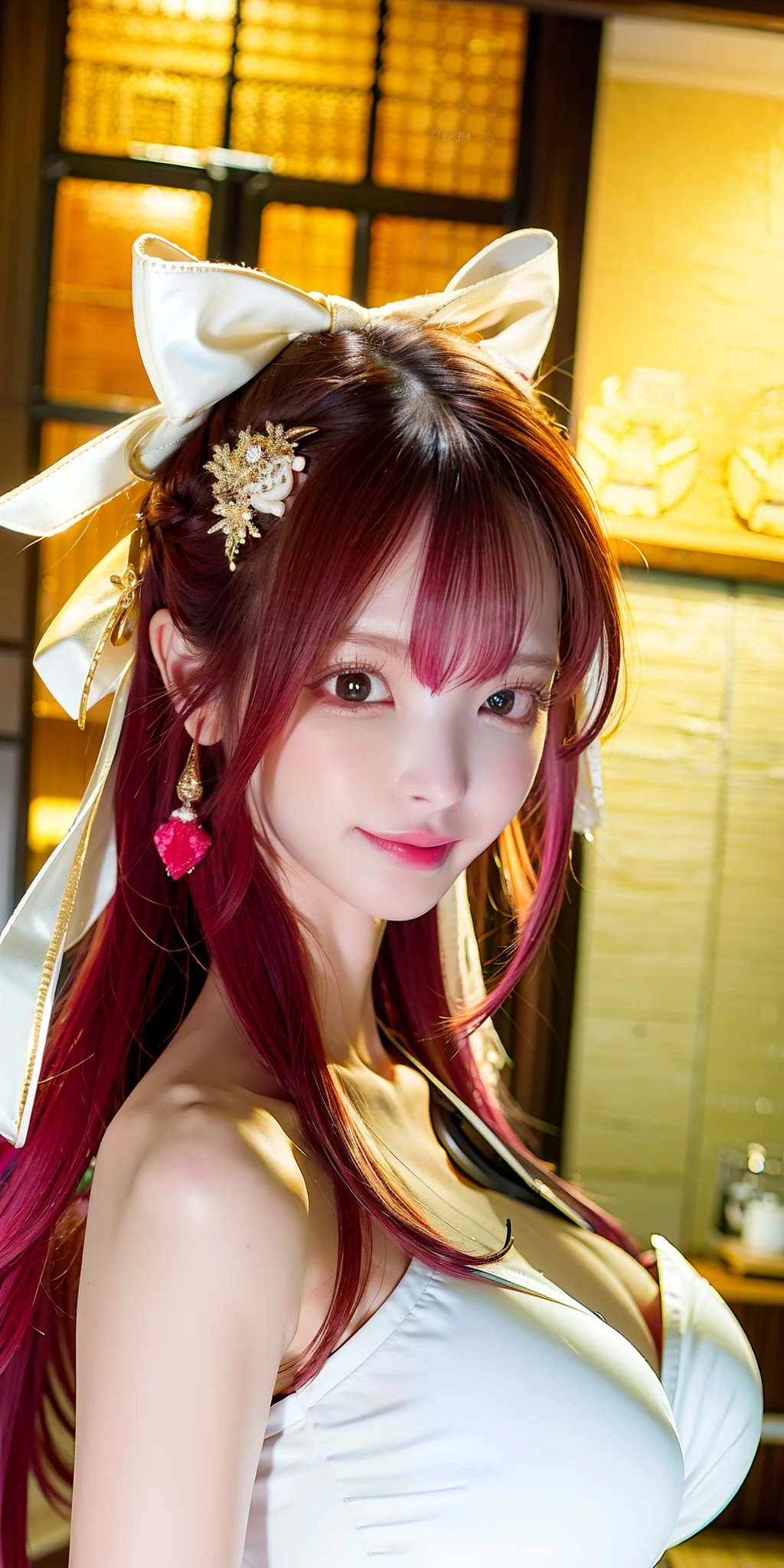 (8k, 4k, best quality, highres:1.2), (maasterpiece, realistic, photo realistic:1.37), 1girl, solo, beautiful face, eyelashes, nose, glossy lips, (detailed eyes, looking at viewer, fair skin, white skin:1.5), fine complexion, upper body,
large breasts, busty,,,
outdoor onsen,
two side up, absurdly long hair, blonde hair, pink hair, bangs, hair ornament, bow,
younger, aged down,