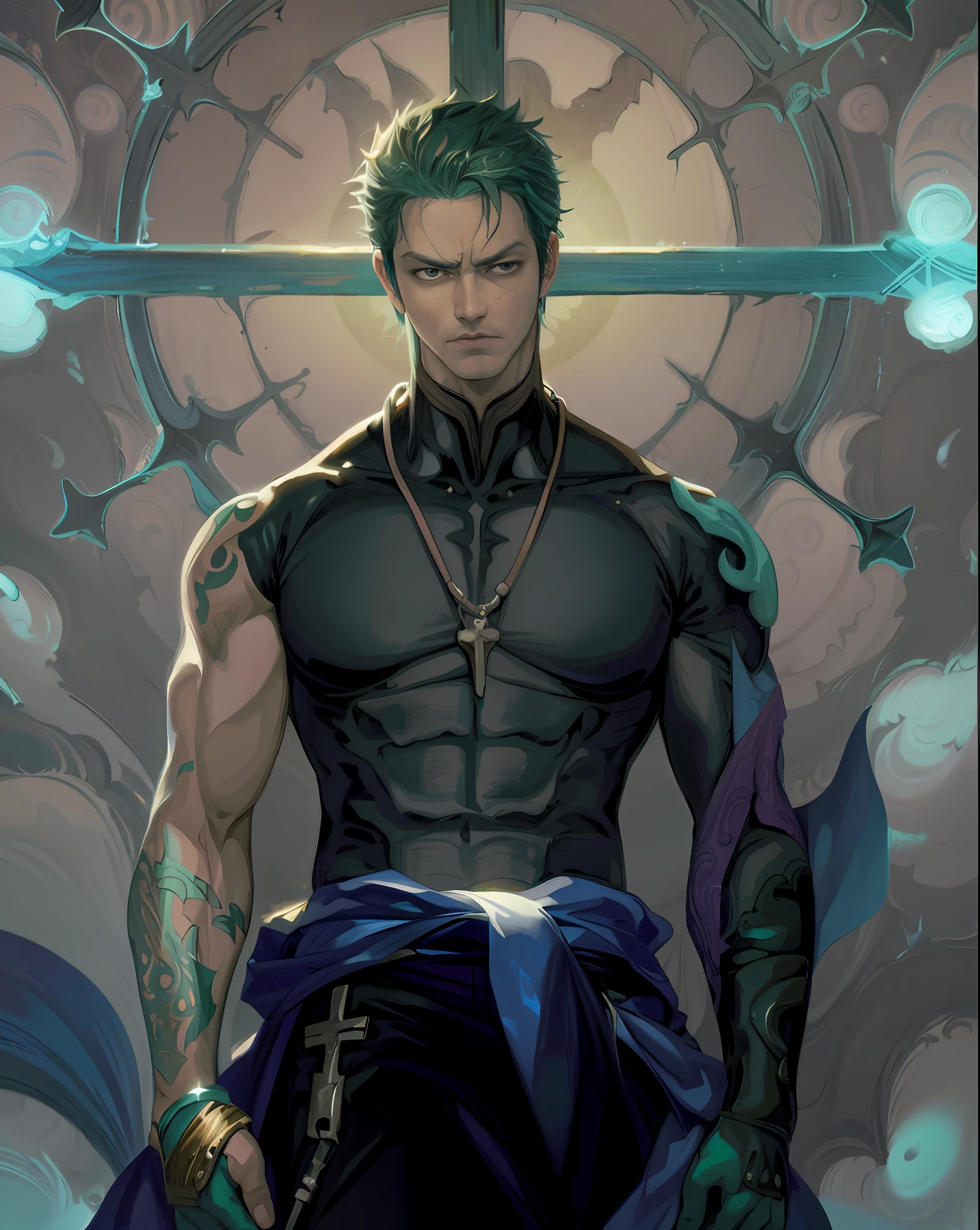 um close up de um homem de cabelos verdes e uma cruz no peito, Roronoa Zoro, inspirado em Eiichiro Oda, Artgerm Greg Rutkowski _ Greg, from one piece, Kentaro Miura Arte, Artgerm e Genzoman, cara bonito na arte demon slayer, Tran Ross!!!, Estilo Ross Tran, one piece artstyle