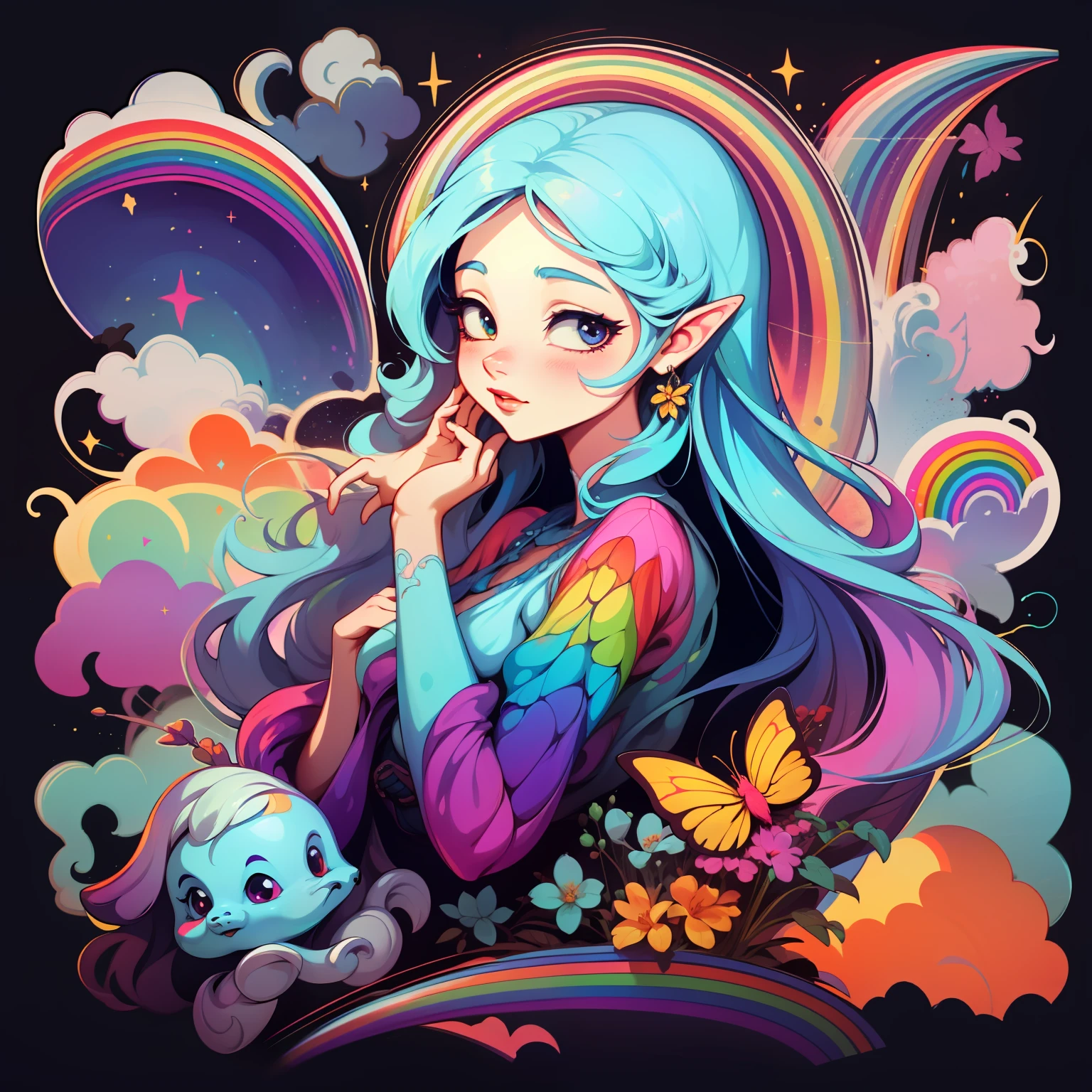 adesivo,1girl, fundo simples, retrato, girl with long hair, beautiful pixie, pixie aesthetic, beautiful pixie, very beautiful fantasy art, beautiful and elegant female pixie, beautiful detailed fantasy, rainbow color palate, rainbow color-theme