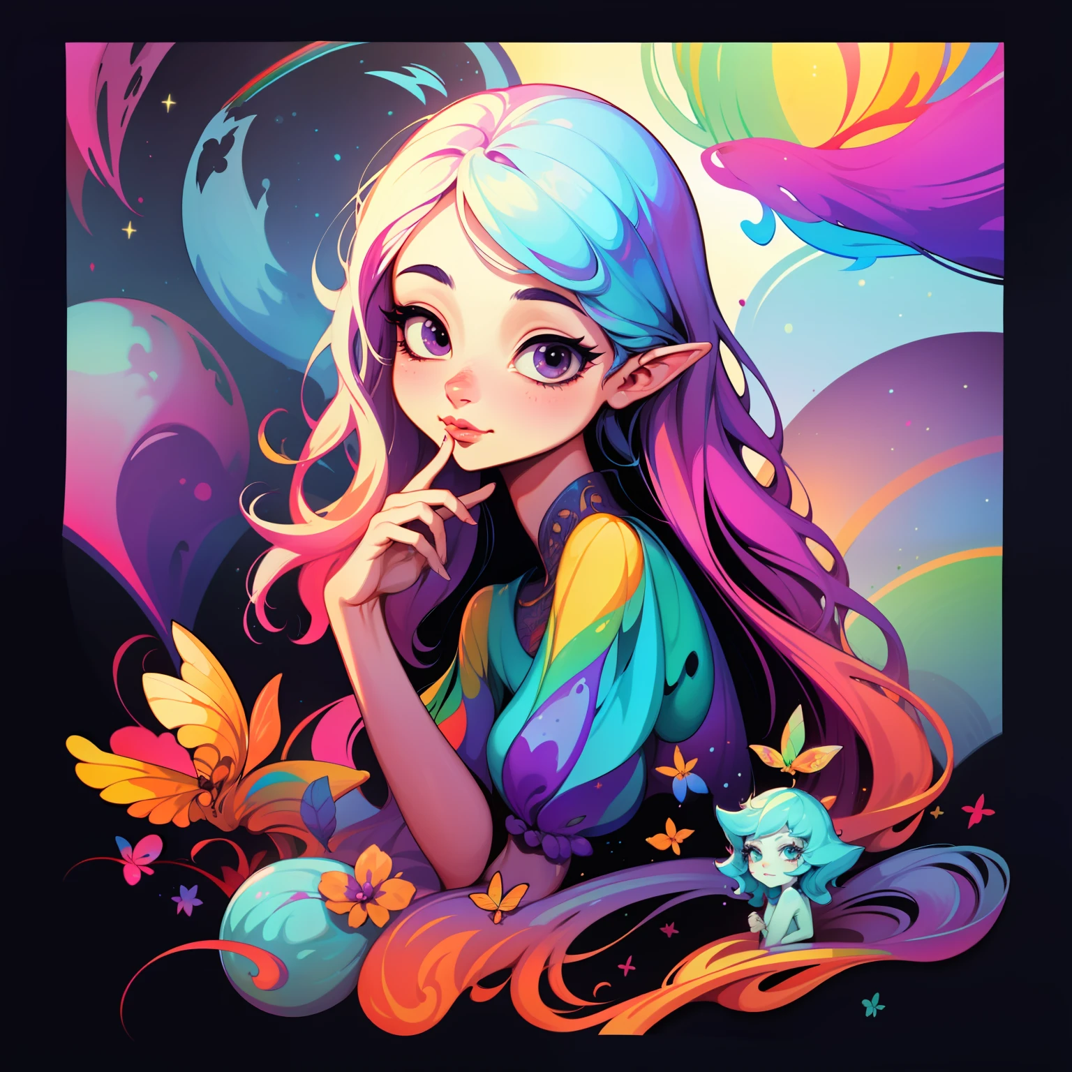 adesivo,1girl, fundo simples, retrato, girl with long hair, beautiful pixie, pixie aesthetic, beautiful pixie, very beautiful fantasy art, beautiful and elegant female pixie, beautiful detailed fantasy, rainbow color palate, rainbow color-theme