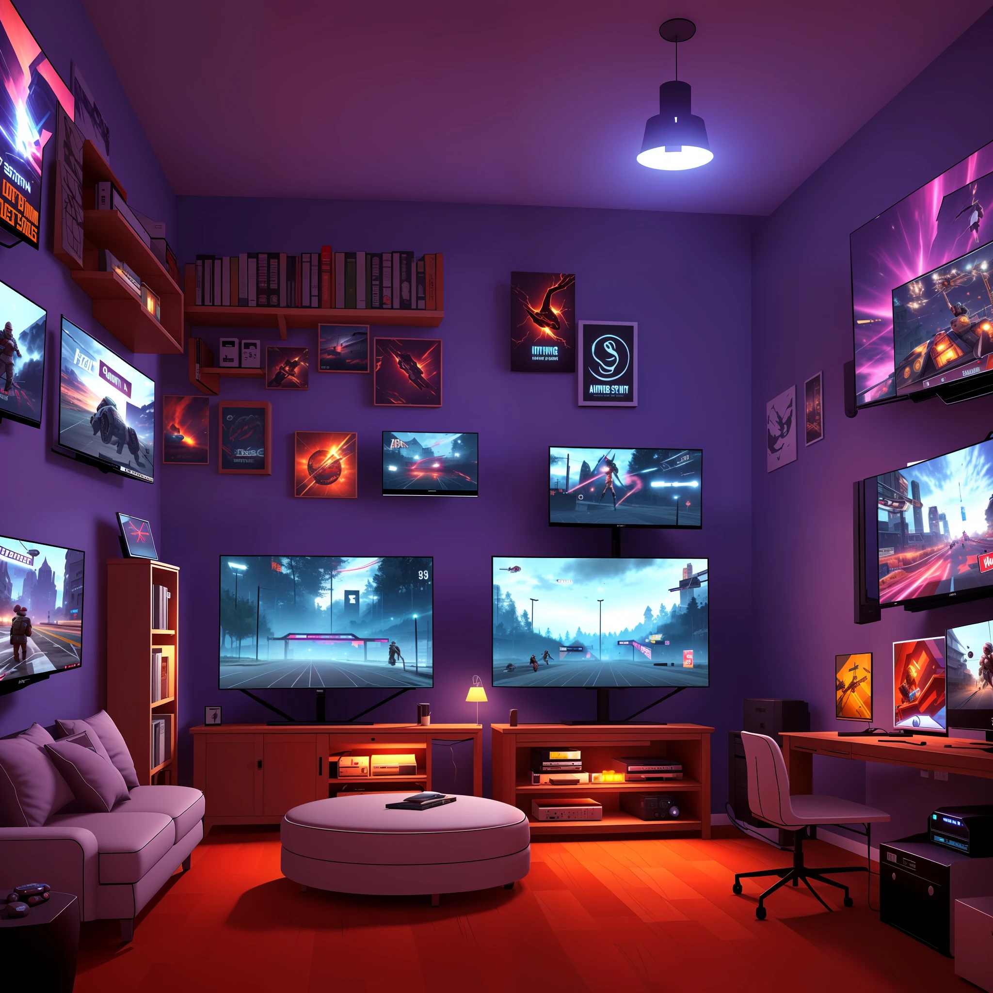 hestyle inside view of gaming room at evening, colorful night --auto