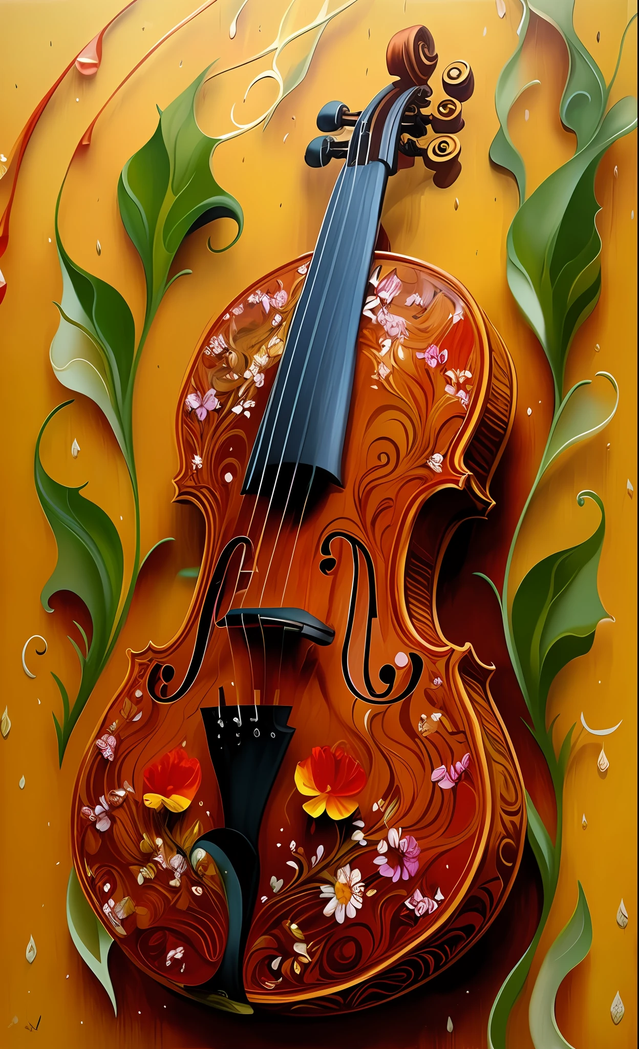 um close up de um violino com flores e redemoinhos sobre ele, violino fantasia, (violino fantasia), lindo arte digital, 8k arte detalhada de alta qualidade, arte digital estilizada, bela arte digital, exquisite digital illustration, bela arte digital, Arte 3D digital detalhada, arte digital muito bonita, arte de fundo, obras de arte impressionantes, arte digital impressionante, obras de arte intrincadas