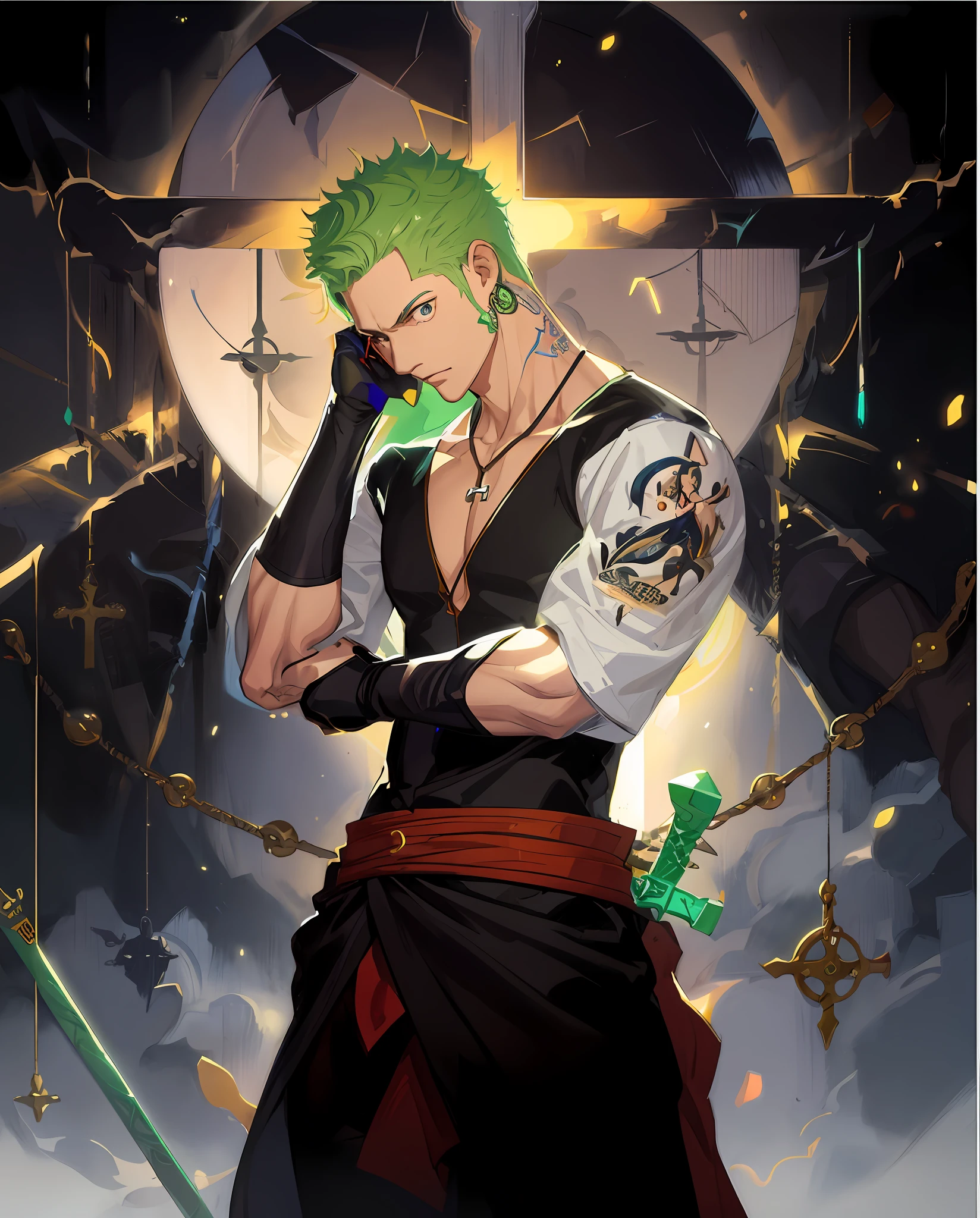 Anime guy with green hair and tattoos standing in front of a cross, Roronoa Zoro, cara bonito na arte demon slayer, Estilo Ross Tran, Tran Ross!!!, inspirado em Eiichiro Oda, Ross Tran 8 K, anime epic artwork, badass anime 8 k, Artgerm Greg Rutkowski _ Greg, arte detalhada do personagem de anime, inspirado em Ross Tran