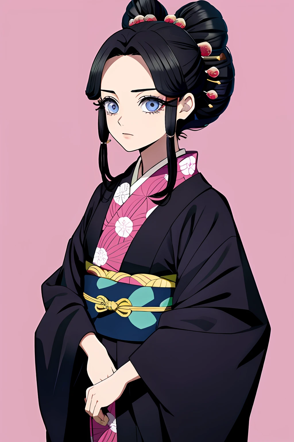 Kimetsu no Yaiba, feminino,Cabelo preto longo, sozinho, olhos azul com pupilas brancas,kimono rosa,espada,fundo japones era taijo