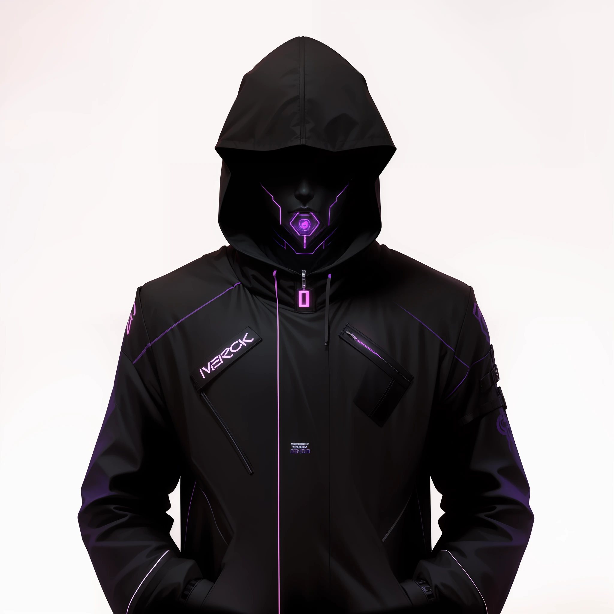 male character, hooded, cyberpunk style, and eyes neon, Black with purple neon.