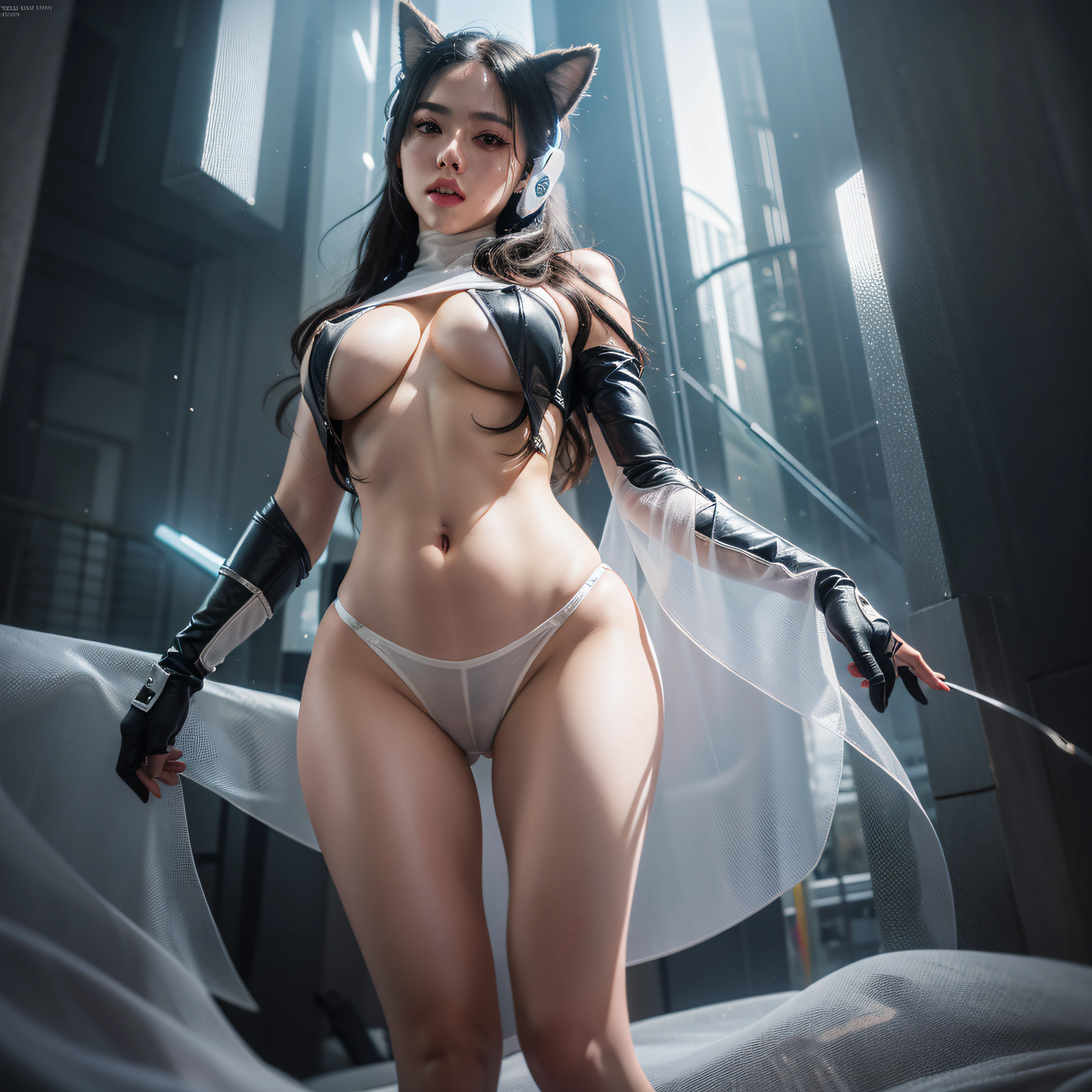 RAW, Masterpiece, Super Fine Photo, Best Quality, Ultra High Resolution, Photorealistic Photorealism, Sunlight, Full Body Portrait, Amazing Beauty, Big Breasts, (Dynamic Pose), Delicate Face, Vibrant Eyes, She Wears Futuristic Batman Costume, Legging Pants, High Neck Top, Bare Shoulders, Batman Ears, Standing, Very Detailed Background, Detailed Face, Detailed Complex Busy Background, Messy, Gorgeous, Milky White, Highly Detailed Skin, Realistic Skin Details, Visible Pores, Sharp Focus, Volumetric fog, 8k uhd, DSLR, high quality, film grain, fair skin, photorealism, lomography, huge metropolis in futuristic dystopia, seen from below, translucent, camel toe