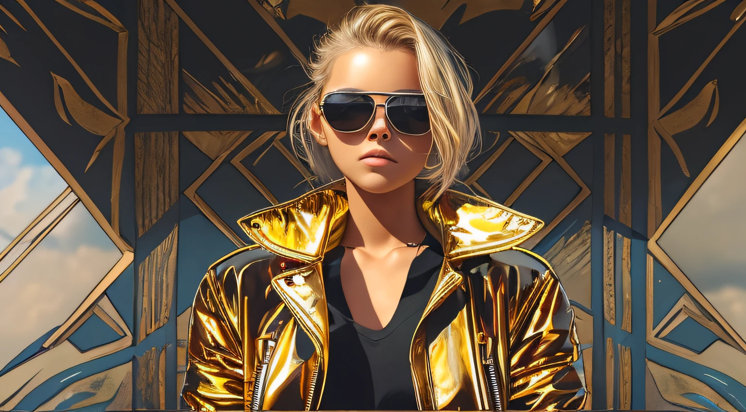 blond girl with sunglasses and a black shirt posing for a picture, wearing mirrored sunglasses, with sunglass, with sunglasses, wearing cool sunglasses, mirror shades, with mirrorshades sunglasses, sunglasses on, wearing gold glasses, cool sunglasses, wearing sunglasses, in sun glasses, kid, next gen, reflective sunglasses, looking heckin cool and stylish, girl with glasses