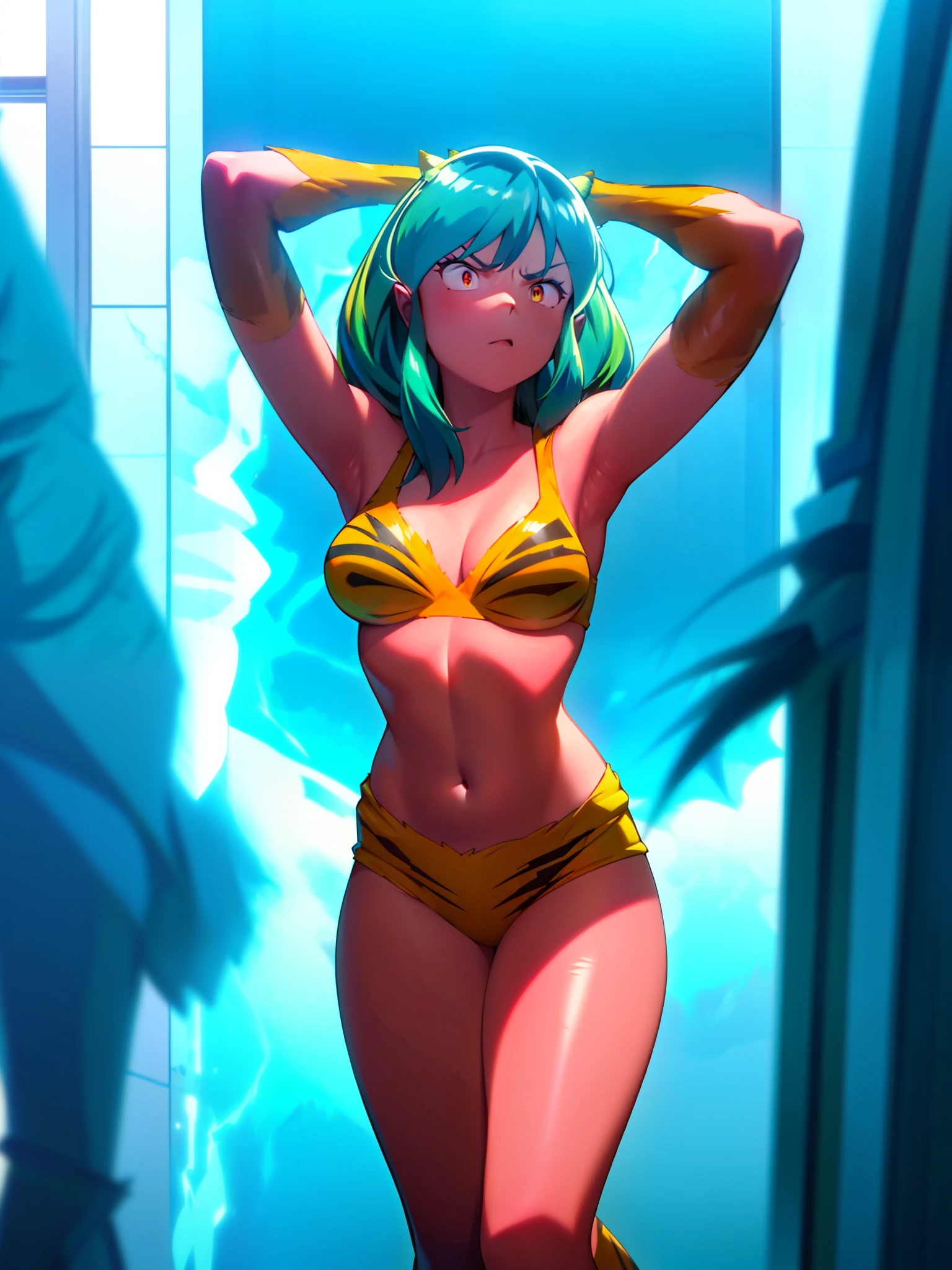 lightning bolt、Electrocution、get angry、Green hair、Tiger print bikini