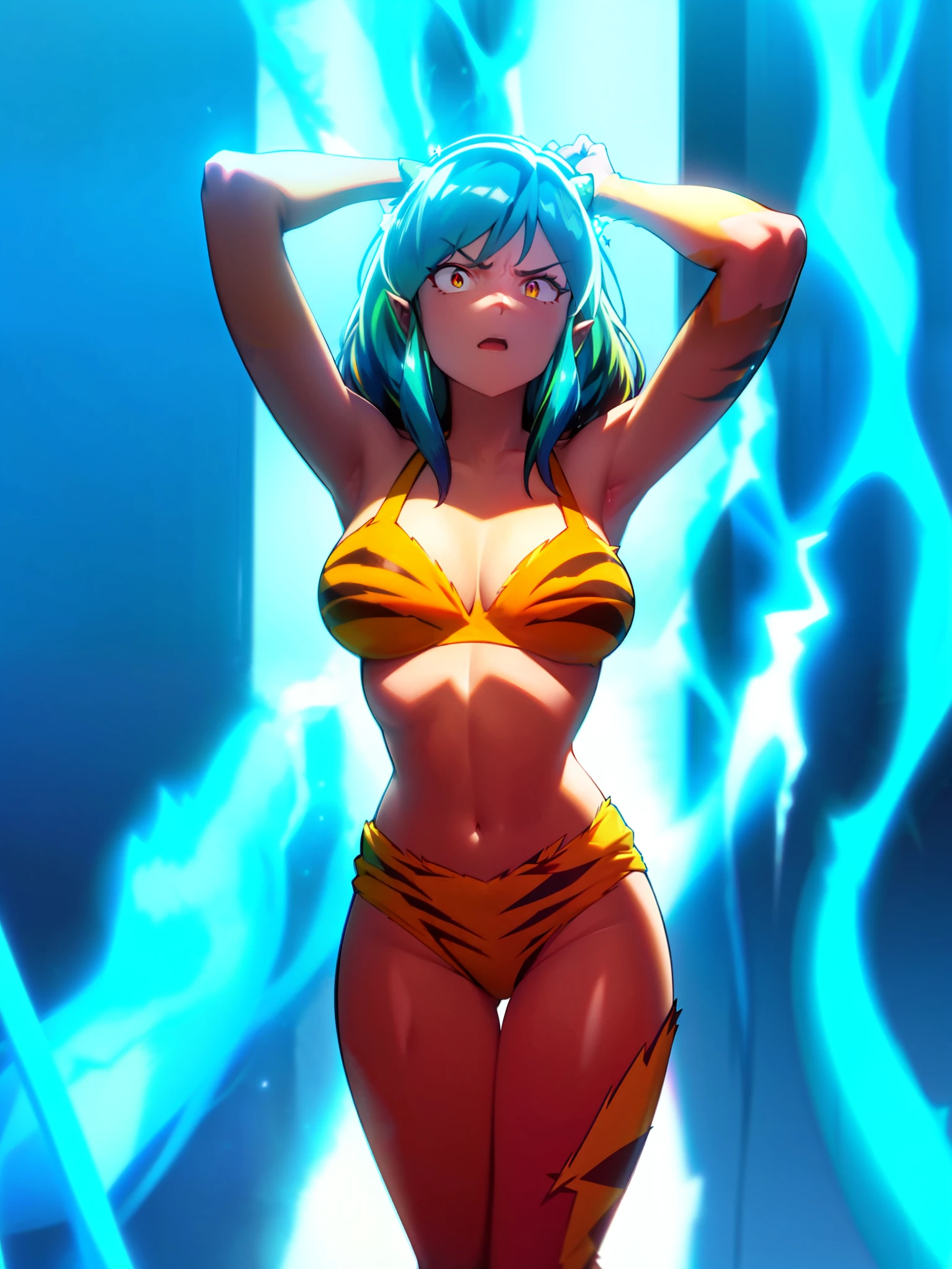 lightning bolt、Electrocution、get angry、Green hair、Tiger print bikini