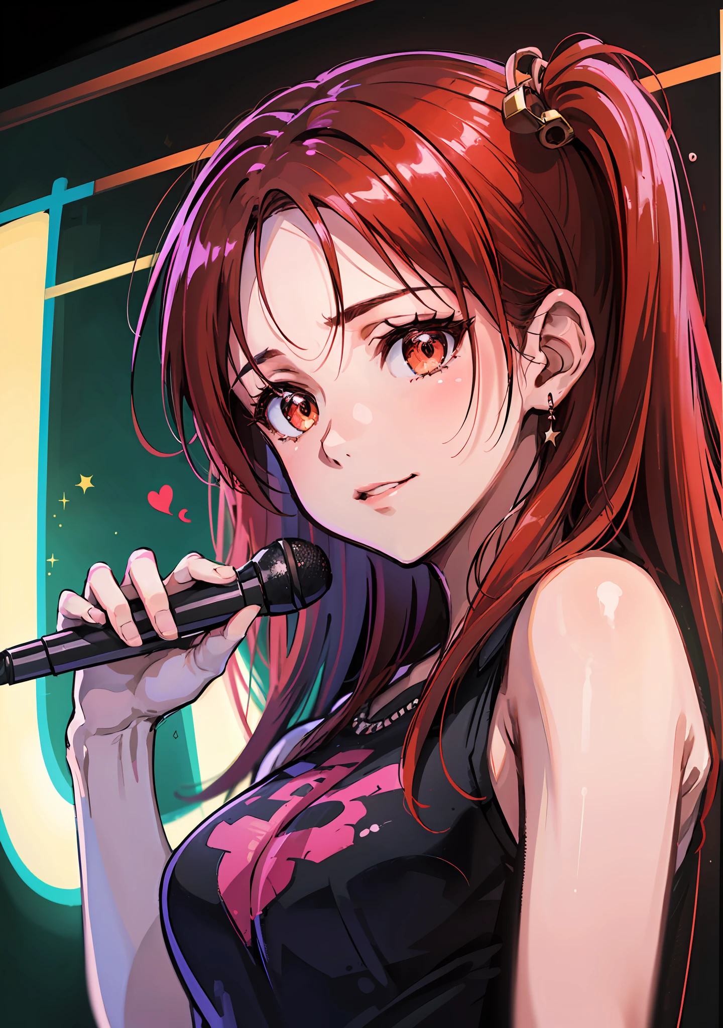 (highres, best quality:1.2), 1girl, Shimada fumikane artstyle, 1girl, sparkling eyes, radiance, soft contours, beautiful drawing, upper body, concept art, neon light, eyelashes, long red hair, minna dietlinde wilke, red eyes, casual wear, gentle smile, Idol singer, stage, idolmaster, music