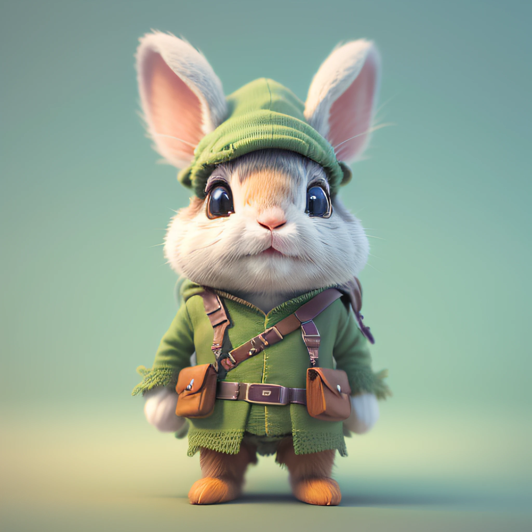 highly detailed 3D render cute rabbit with hunter costume, kids cartoon style, high detailed textures, soft smooth textures, green color gradient in background.