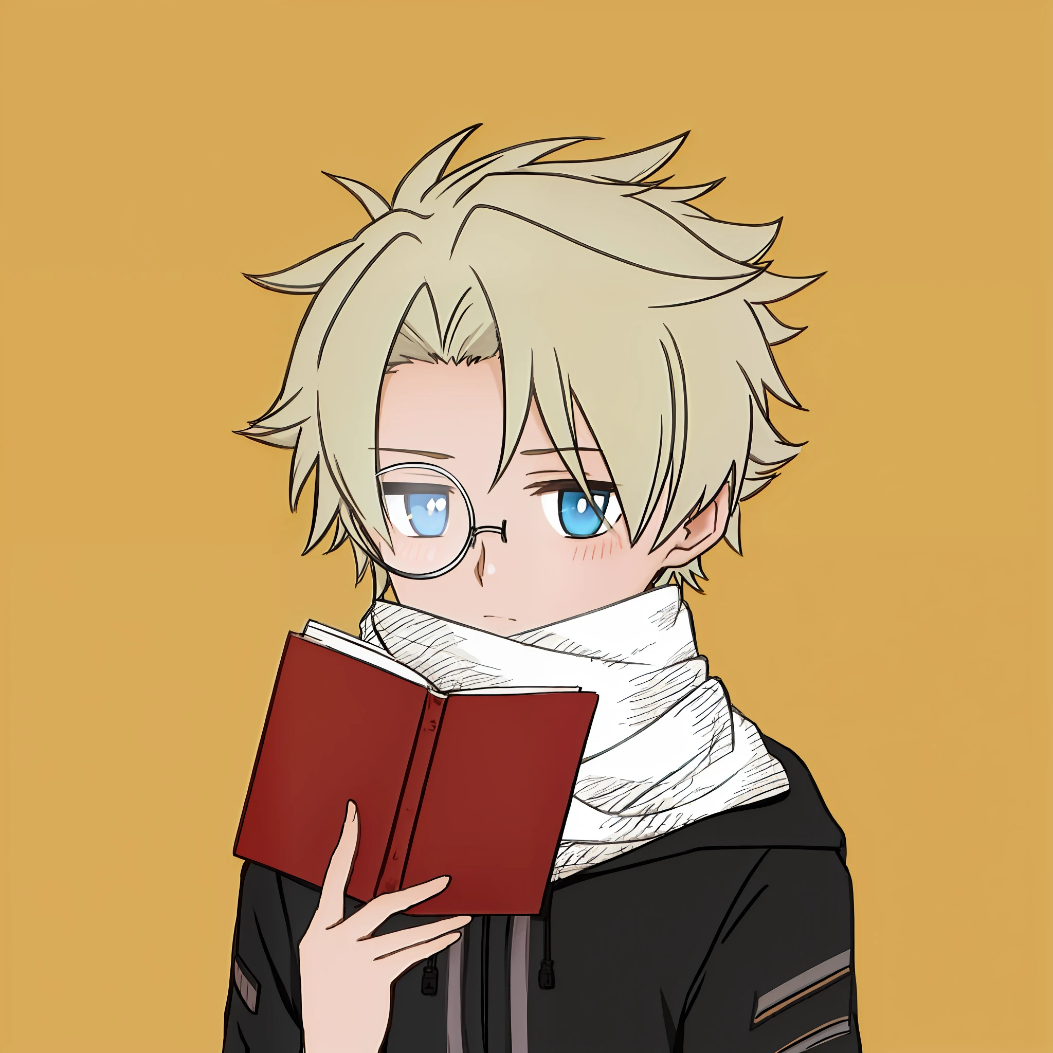 Anime boy with glasses reading a book and wearing a scarf, em estilo anime, como um personagem de anime, em estilo anime, personagem estilo anime, seinen manga portrait, jovem homem de anime, 8k!!, 8k!, he is holding a large book, Ler um livro, Lendo novo livro, Menino loiro com olhos amarelos, tentando ler, Segurando um livro