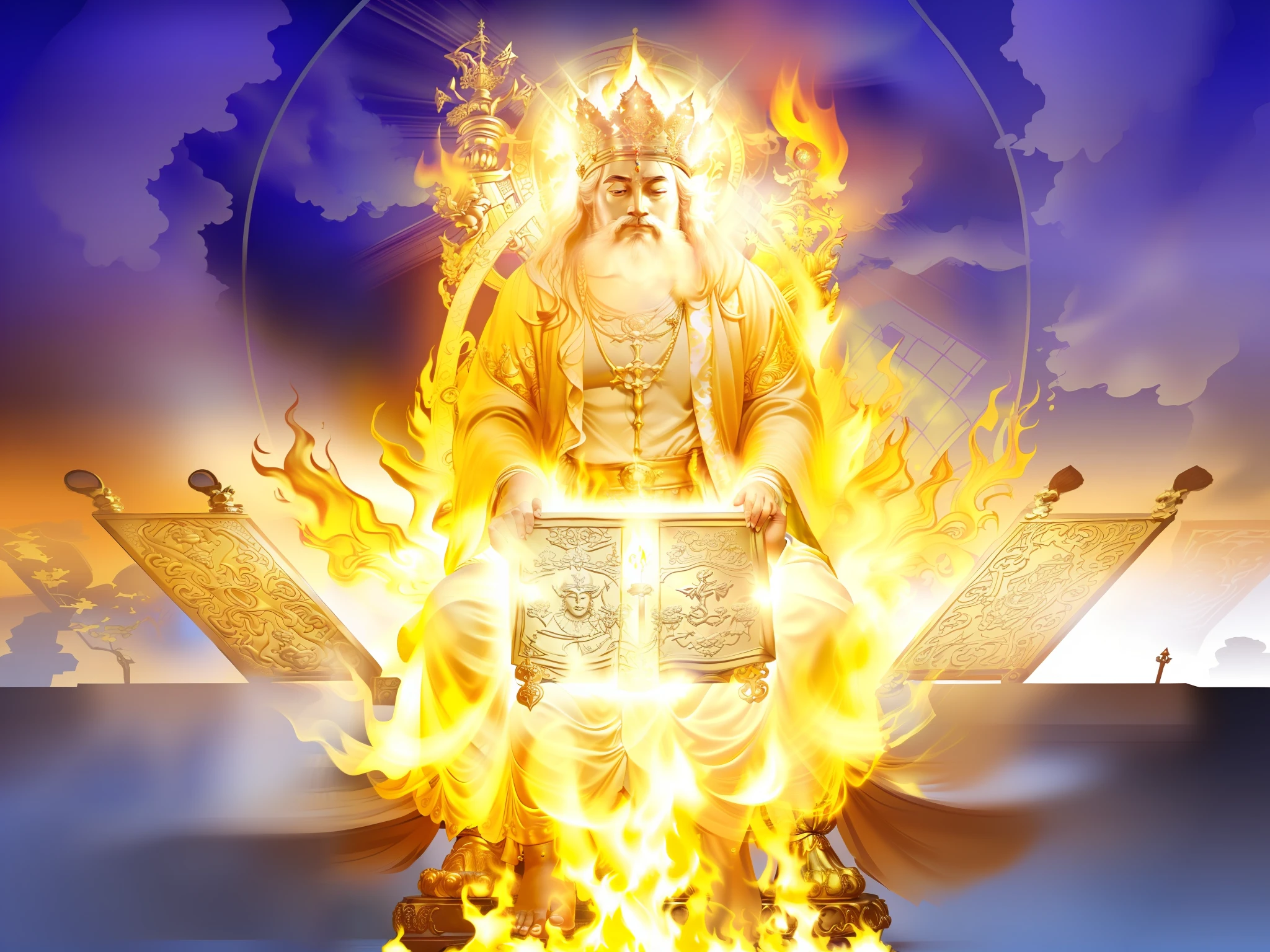 Image of an elderly king with a burning Bible in his hands, holy flame spell, holy fire spell art, gold gates of heaven!!!!!!!!, O Deus Imperador da Humanidade, sentou-se em seu trono. Imagem de alta qualidade, extremely high-resolution, obra prima