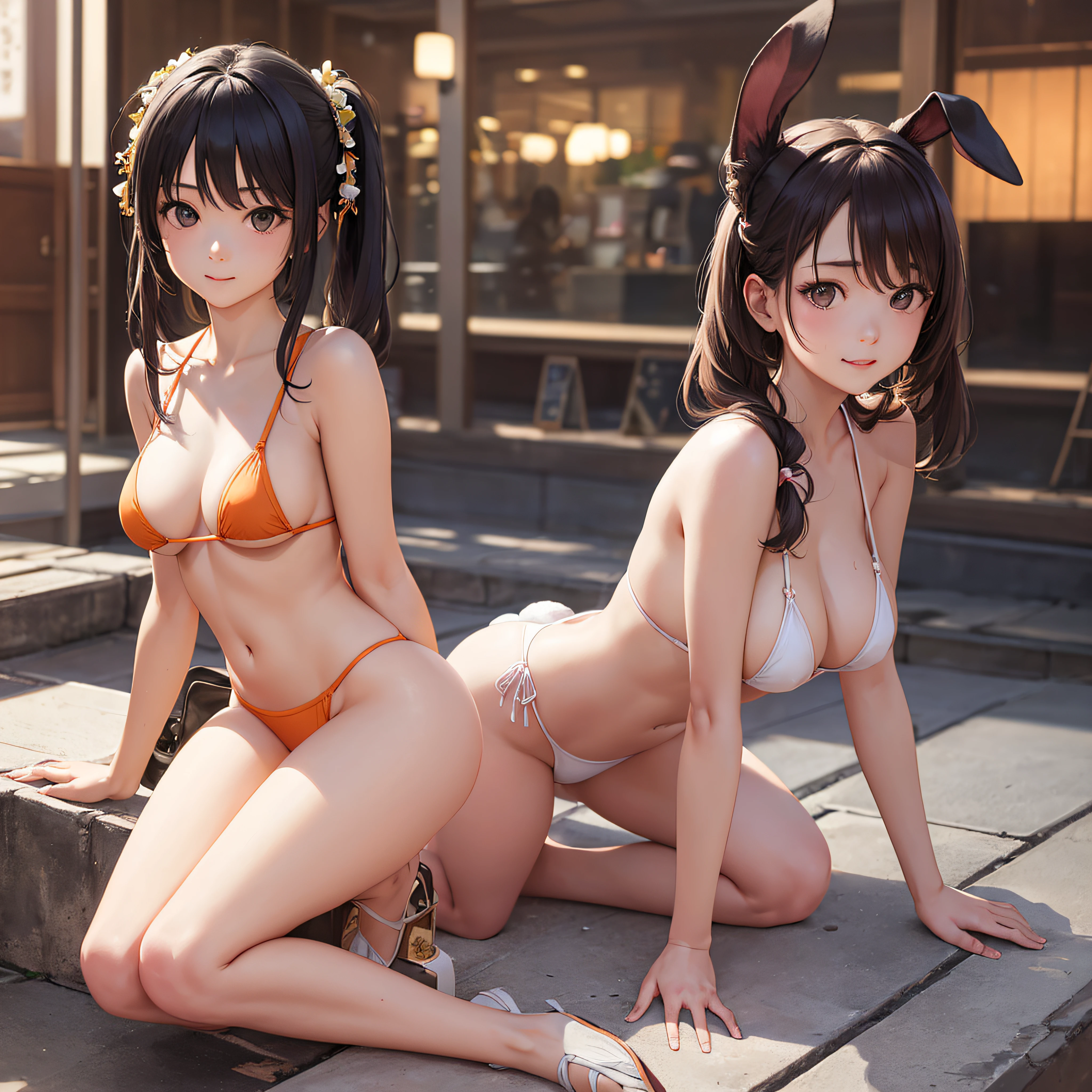 1girl((12 only))、Woman in pale orange micro bikini swimsuit posing for photo、A seductive anime girl、Pigtails、Realistic sweet rabbit girl、Realistic young gravure idol、pretty face with arms and legs、goddess of Japan、a sexy girl、beautifull asian girl ever、Photorealistic perfect body、Japan person model、tight outfit、Girl sitting on her knees --auto