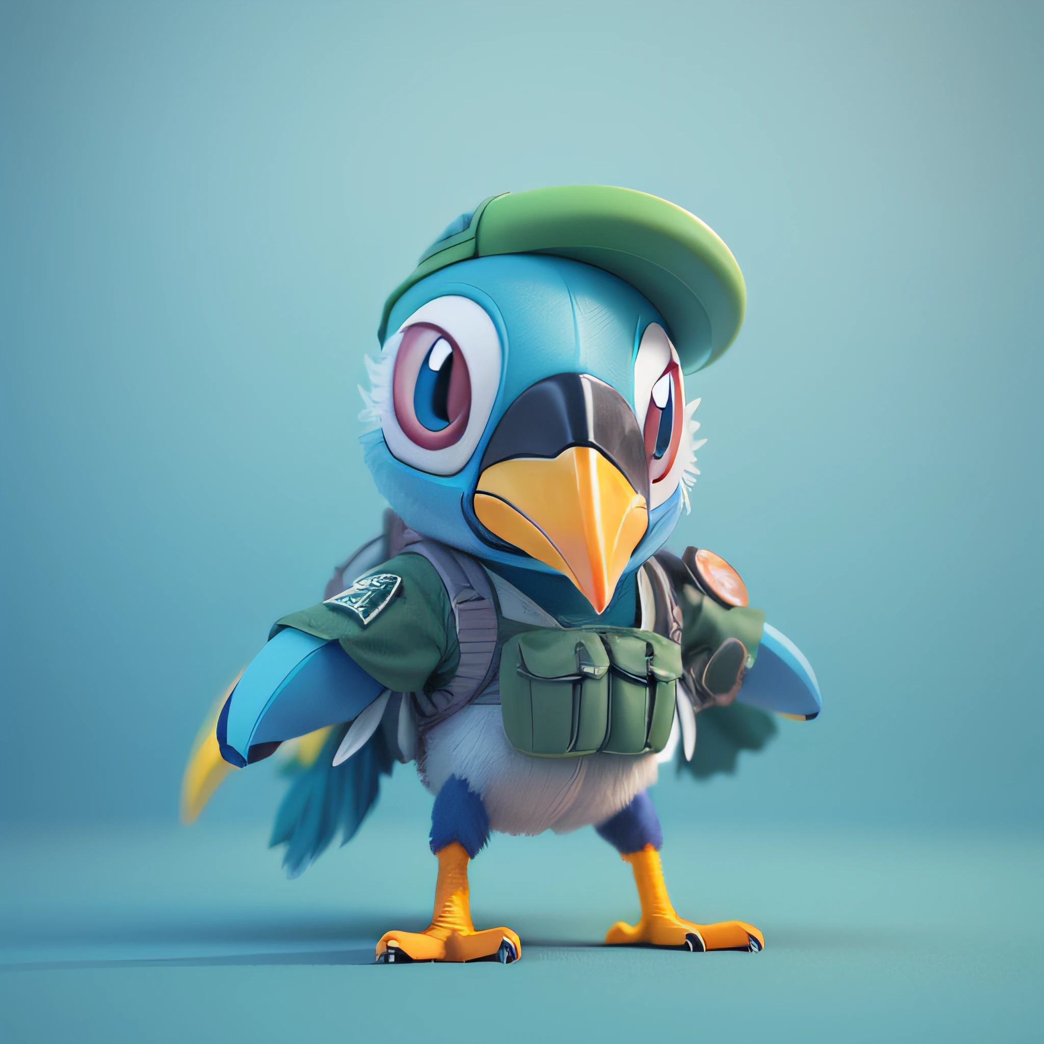 highly detailed 3D render cute toucan with army costume, kids cartoon style, high detailed textures, soft smooth textures, blue color gradient in background.