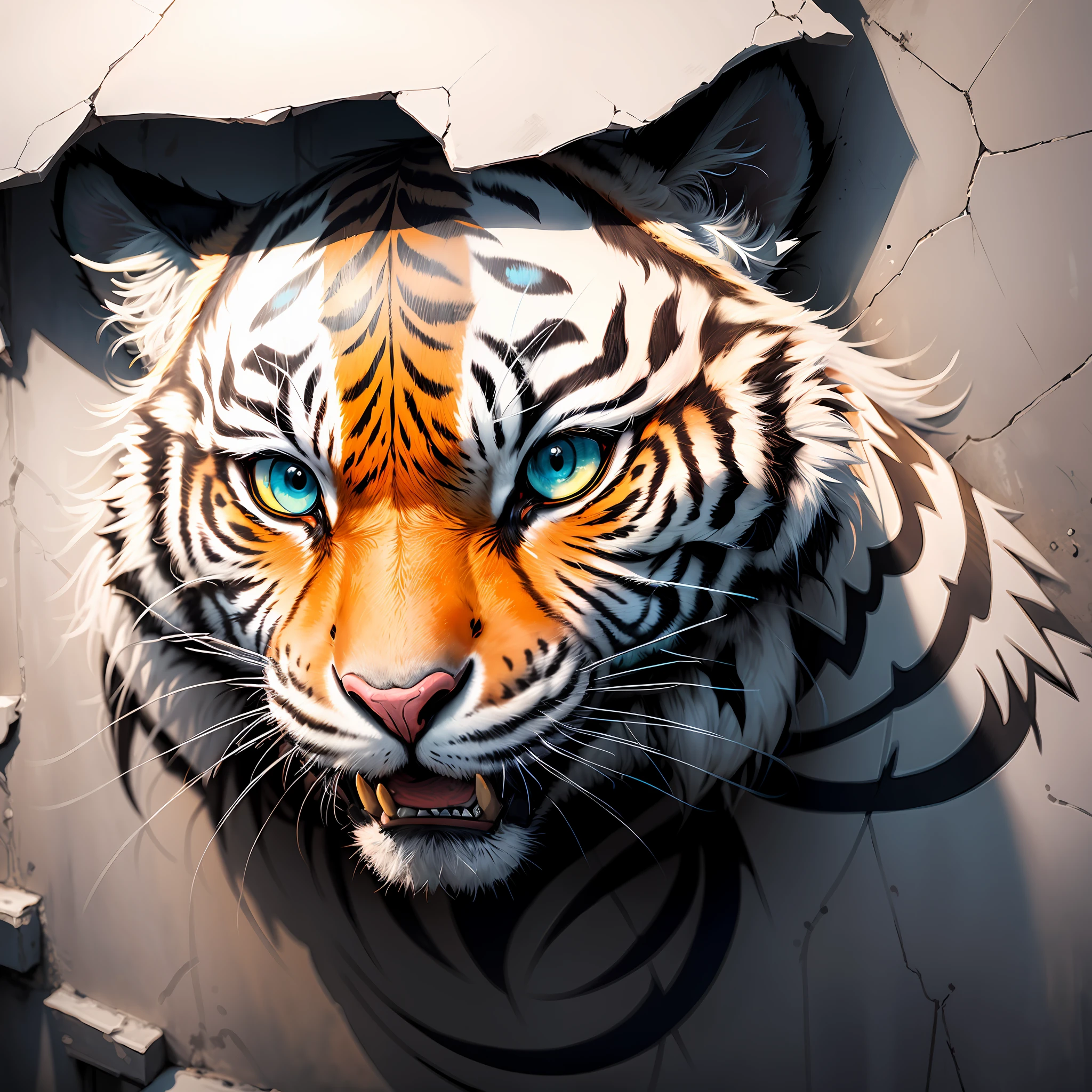 (dramatic illumination, intense color contrast), (wall painted with white tiger grafitti), 2D artwork,