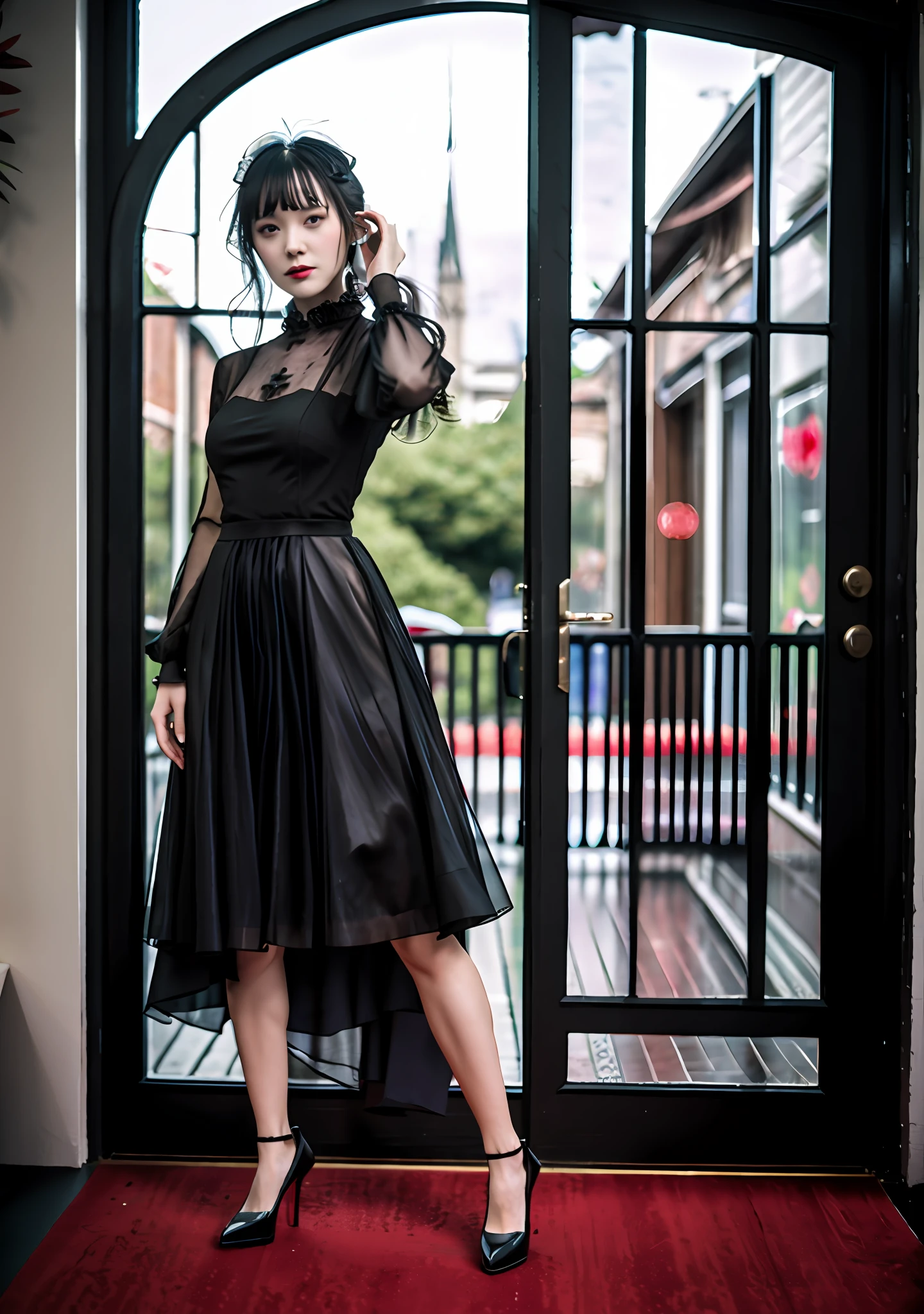 An Arad woman in a dress and red shoes stands in front of the door, Transparent gray dress, dressed in long fluent skirt, wearing a gothic dress, wearing a cocktail dress, dressed with long fluent clothes, taken in 2 0 2 0, spellbinding,spellbinding, Sultry and beckoning, Inspired by Katrin Gross, lightweight but imposing