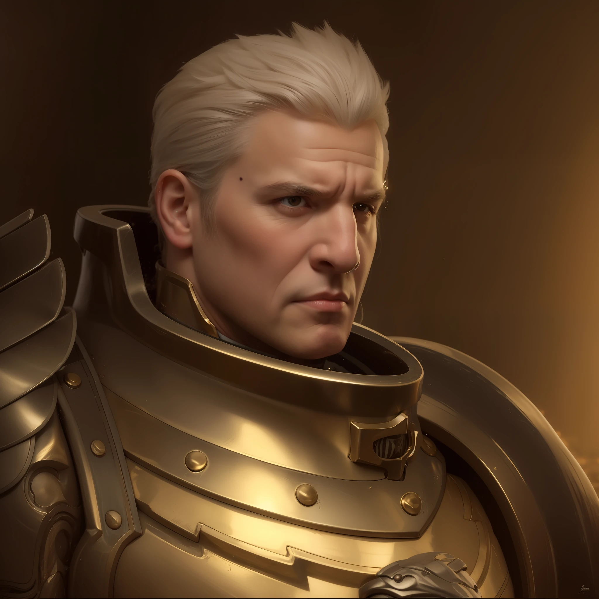um homem, rosto enrugado, appearance of 59 years, His armor is golden,as real as possible, Ultra realista,8k
