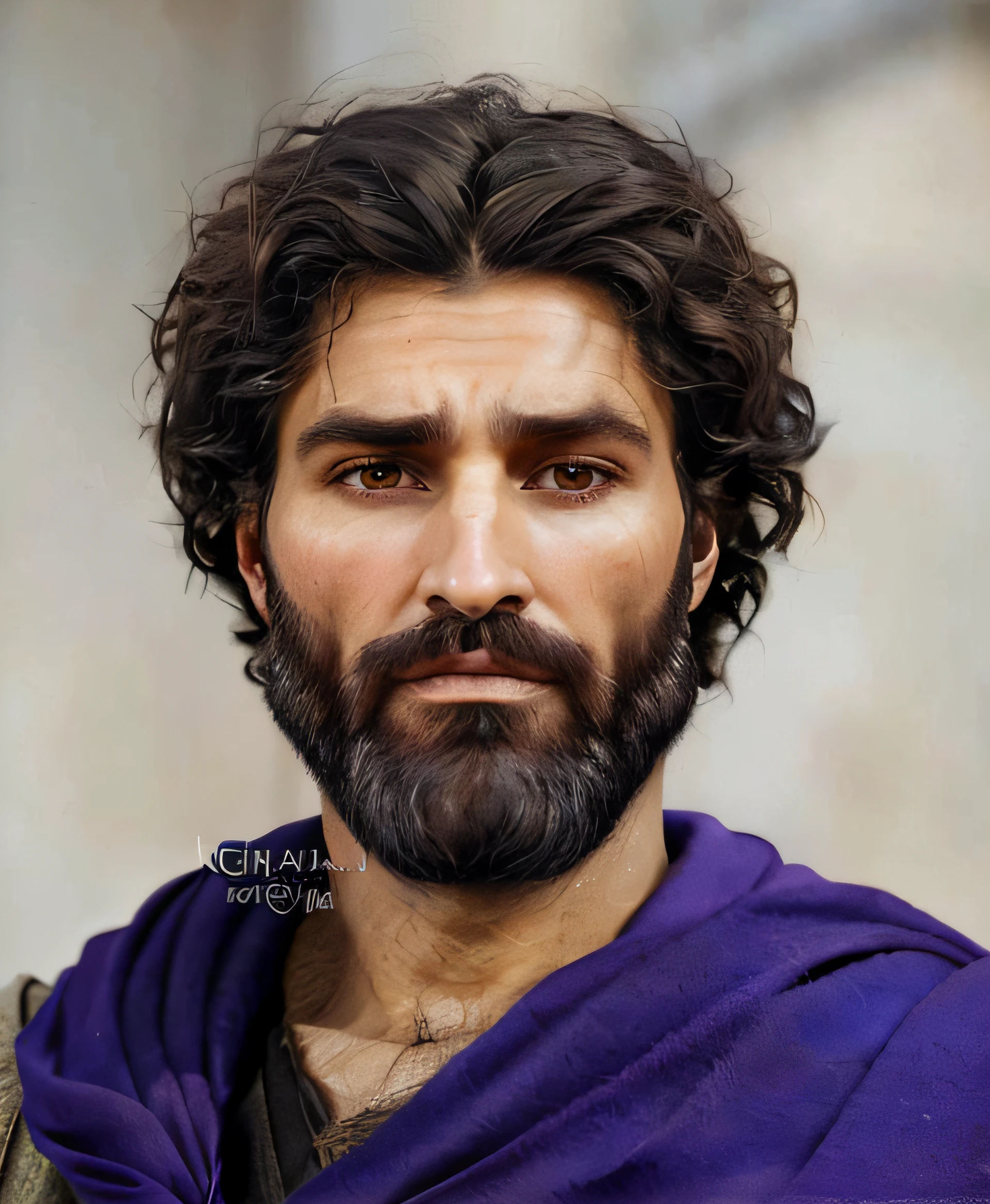 a close up of a man with a beard and a purple shawl, ancient rome man, realistic restored face, brown skin man egyptian prince, realistic renaissance portrait, an ancient male bearded face, portrait batman ancient biblical, jesus, dressed like jesus christ, jesus face, 8k portrait render, 8k highly detailed face, real life portrait, portrait of jesus christ