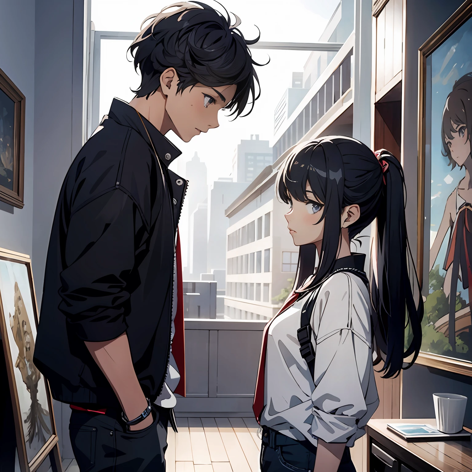 (masterpiece, best quality, intriguing beautiful anime art:1.4) of 1boy and 1girl in the style of jean michel basquiat, trending on artstation, digital painting, 4 k, high quality, smooth, sharp focus, illustration, concept art, character design, illustration, hd, intricate details, volumetric lighting, neon, in the style of greg rutkowski, ilya kuvshin, 8k, 3d