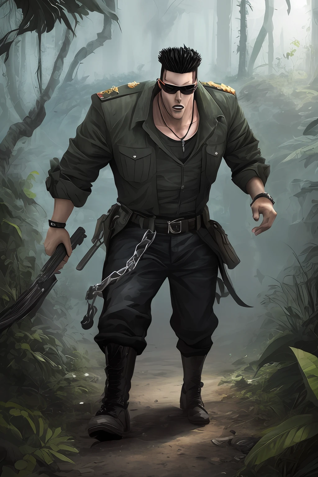 (obra-prima, melhor qualidade, ultra-detalhado CG unidade 8k papel de parede), --elegence --(((((Cyka Blyat))))) --toguro --Rudeus --1Cyberpunk girl with Soviet uniform --Hard bass --menina russa rudeus --((in action)), grafico detalhista, trabalho grafico perfeito, anime, cenario --jungle --fantasy --dark_jungle --asthec